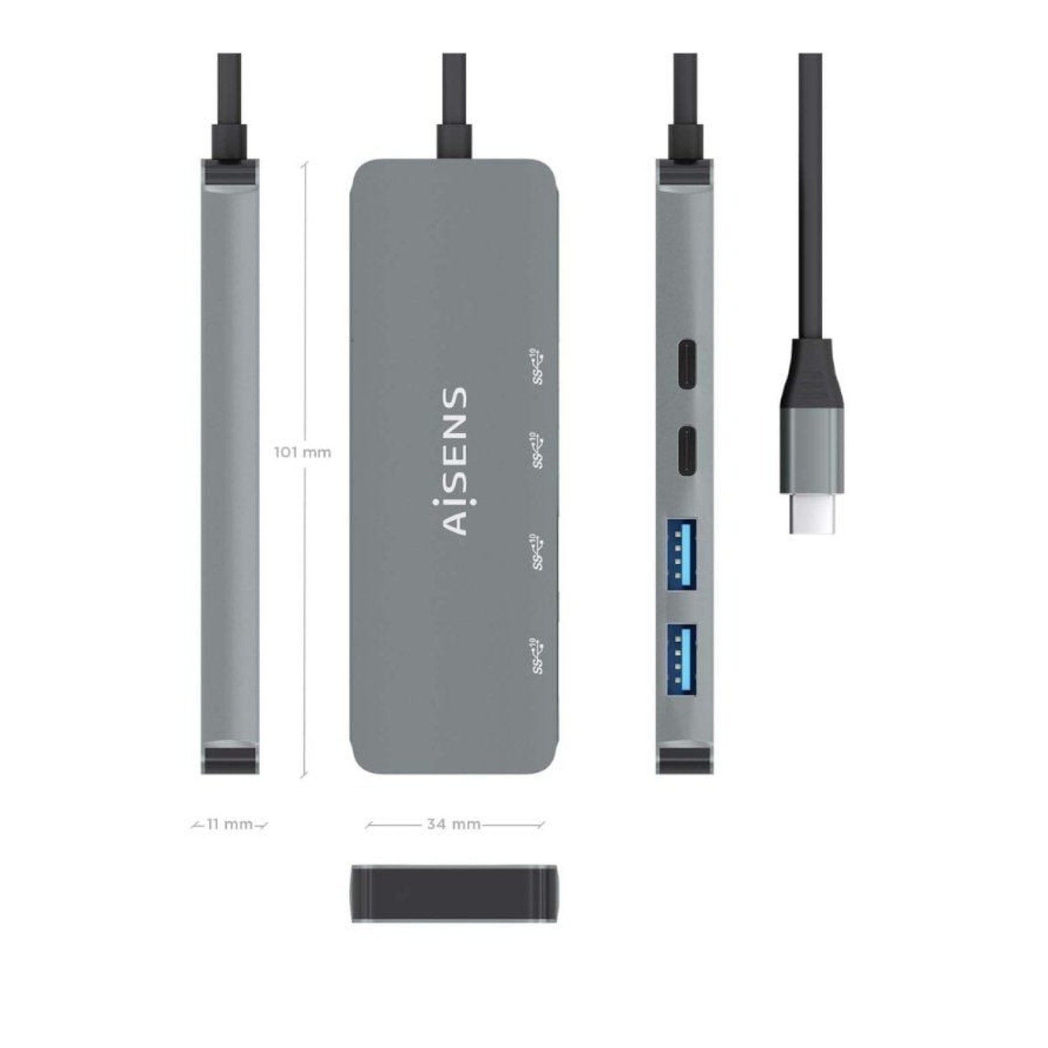 Aisens Hub USB Tipo-C · 2x USB 2.0 · 2x USB Tipo-C · Gris