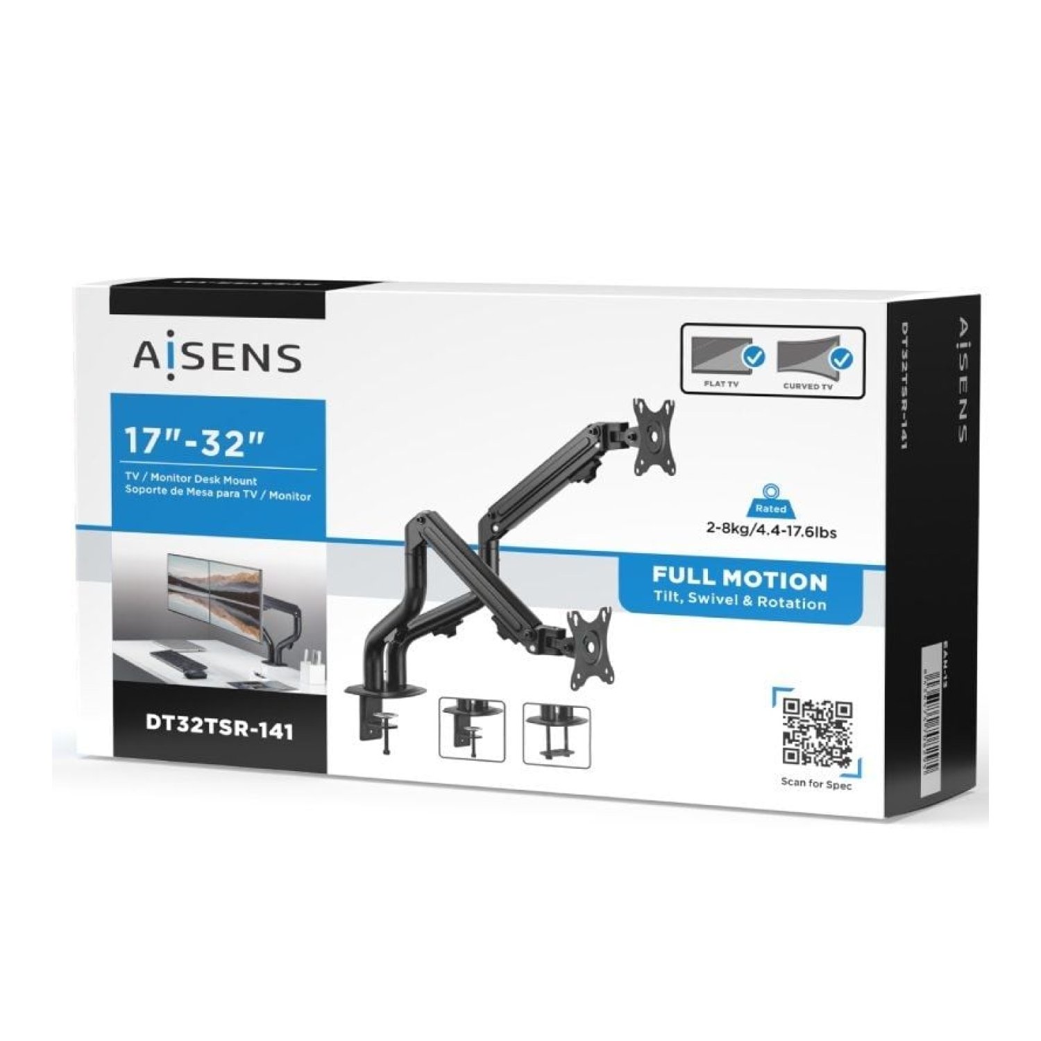 Aisens DT32TSR-141 · Soporte Doble Monitores · Giratorio e Inclinable · Hasta 8kg