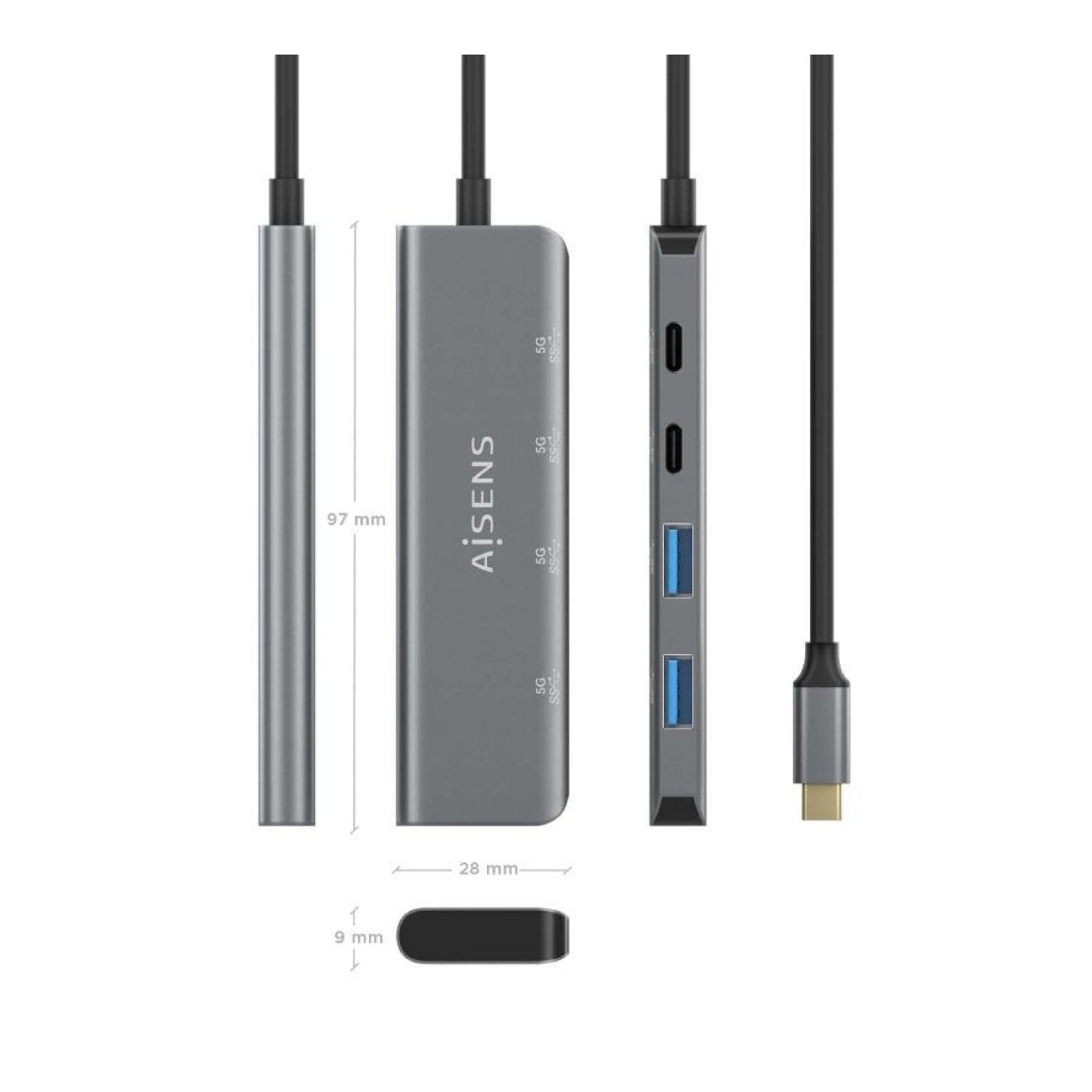 Aisens Hub USB Tipo-C · 2xUSB · 2xUSB Tipo-C · Gris
