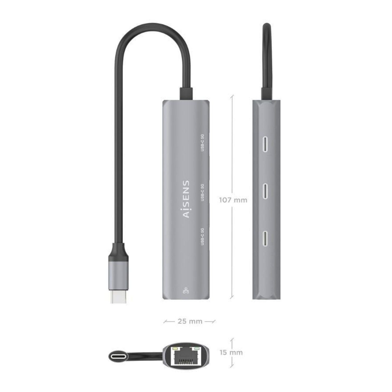 Aisens Hub USB Tipo-C · 3 Puertos USB-C · RJ45 Gigabit · Gris