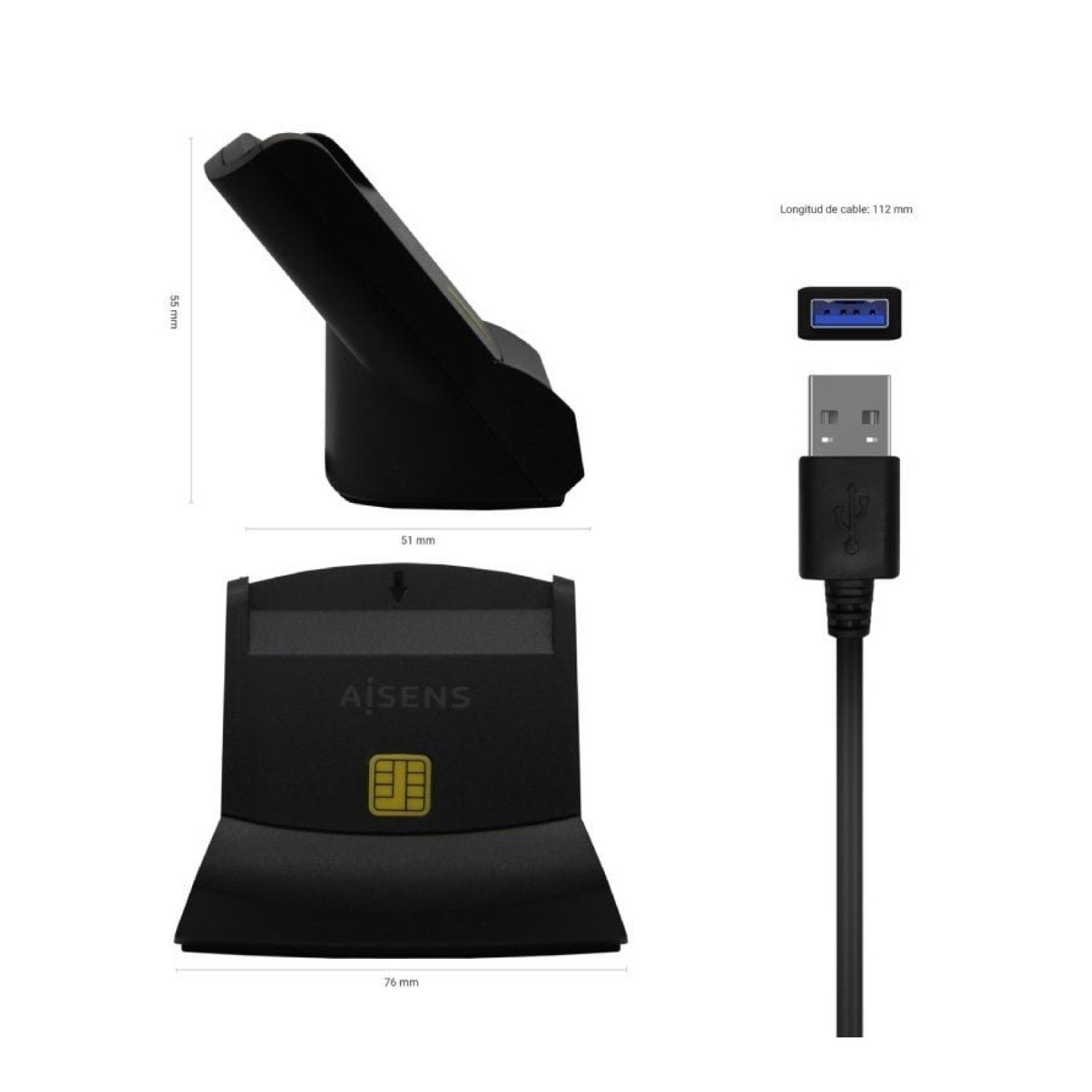 Aisens · Lector DNI y Tarjetas · USB 2.0 · Negro
