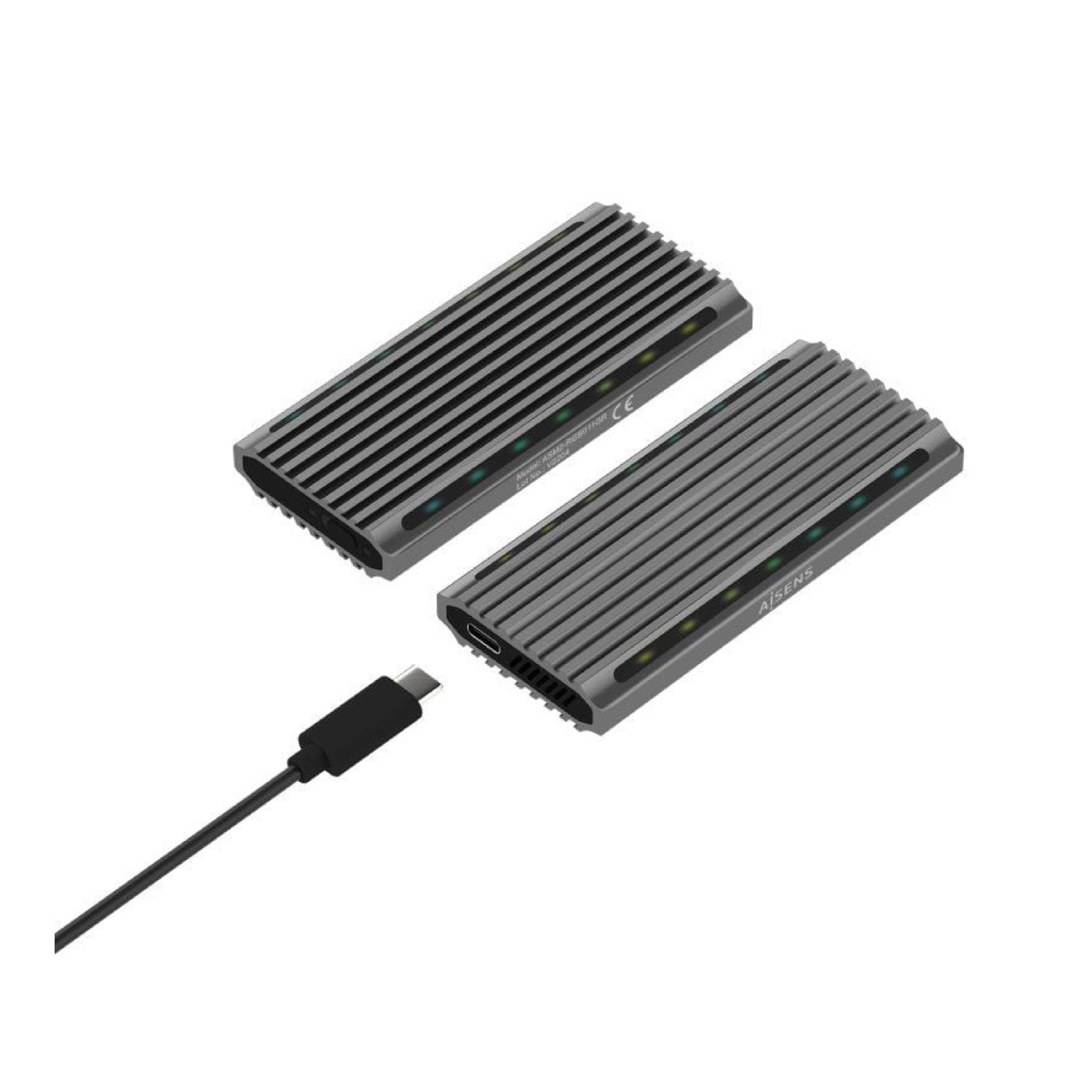 Aisens ASM2-RGB011GR · Caja M.2 SSD · SATA/NVMe · USB 3.2 Gen2 · Sin Tornillos