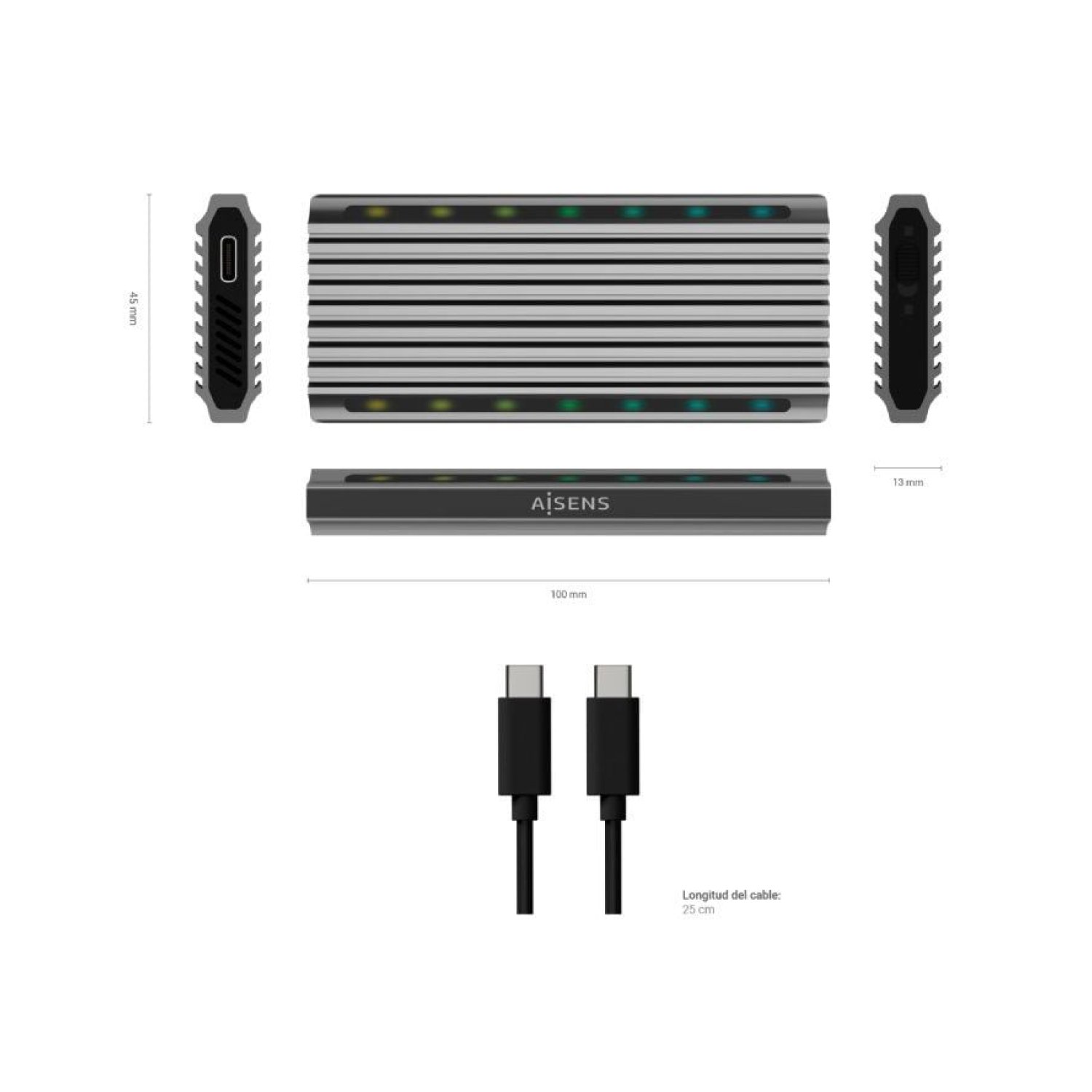 Aisens ASM2-RGB011GR · Caja M.2 SSD · SATA/NVMe · USB 3.2 Gen2 · Sin Tornillos