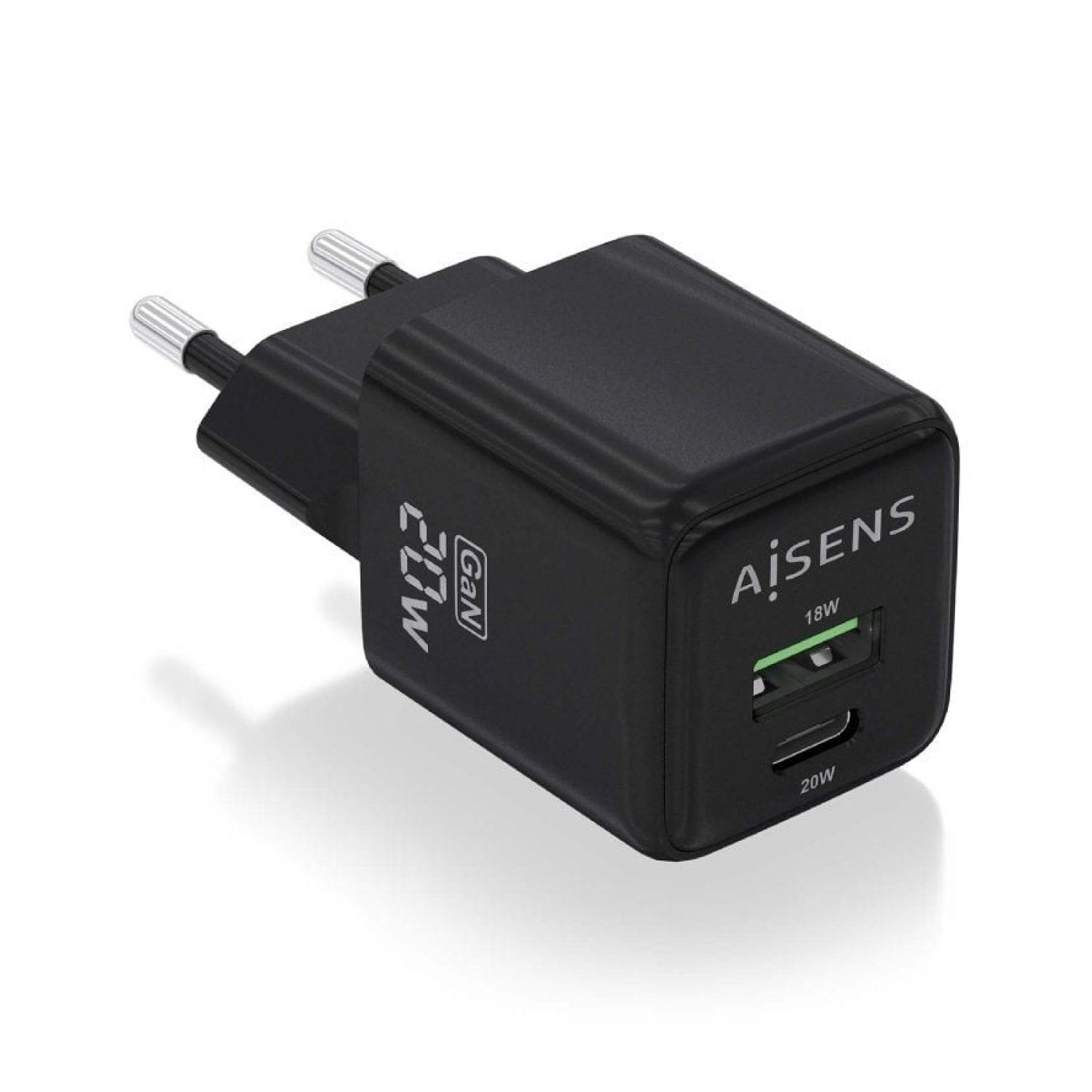 Aisens Cargador GaN 20W · 1 USB Tipo-C · 1 USB · Compacto