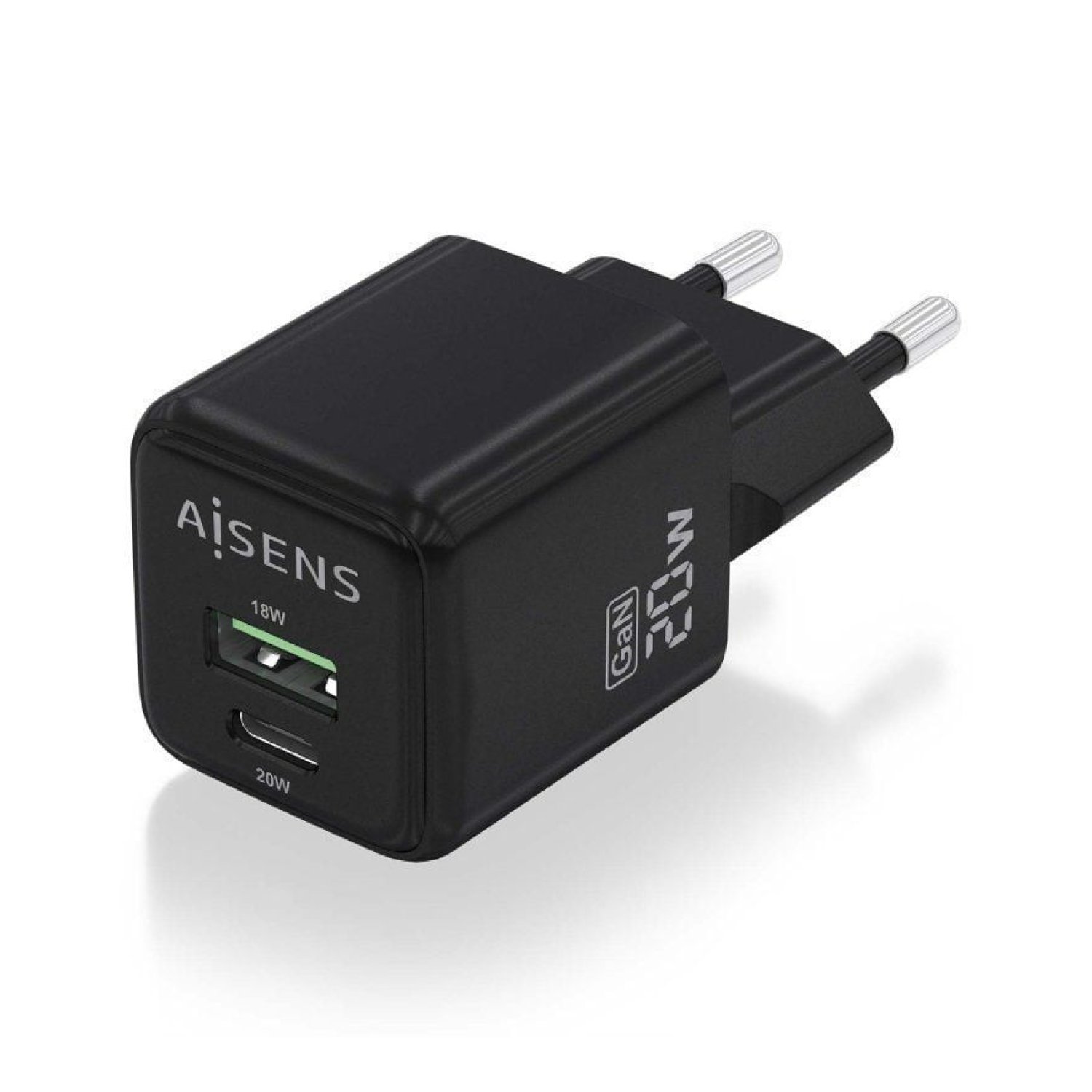 Aisens Cargador GaN 20W · 1 USB Tipo-C · 1 USB · Compacto