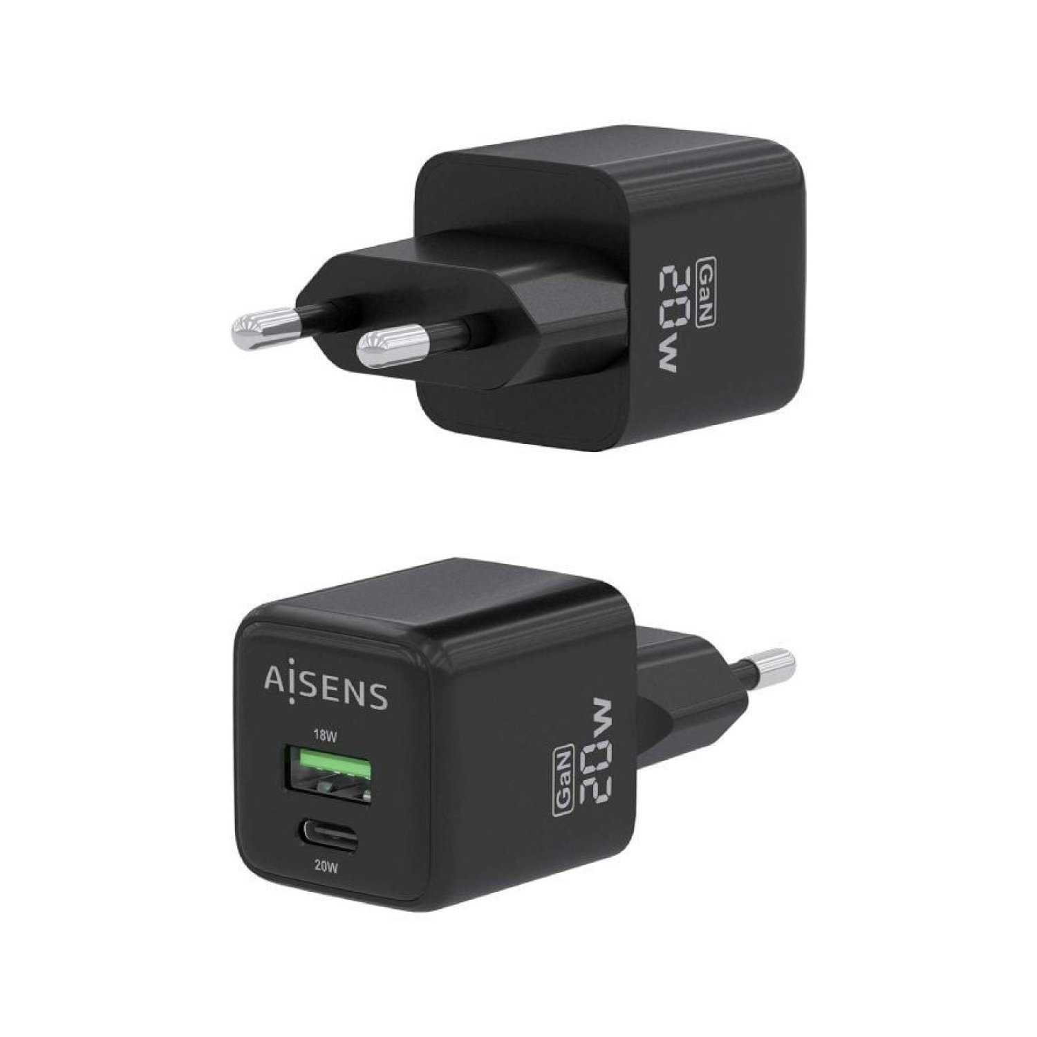 Aisens Cargador GaN 20W · 1 USB Tipo-C · 1 USB · Compacto
