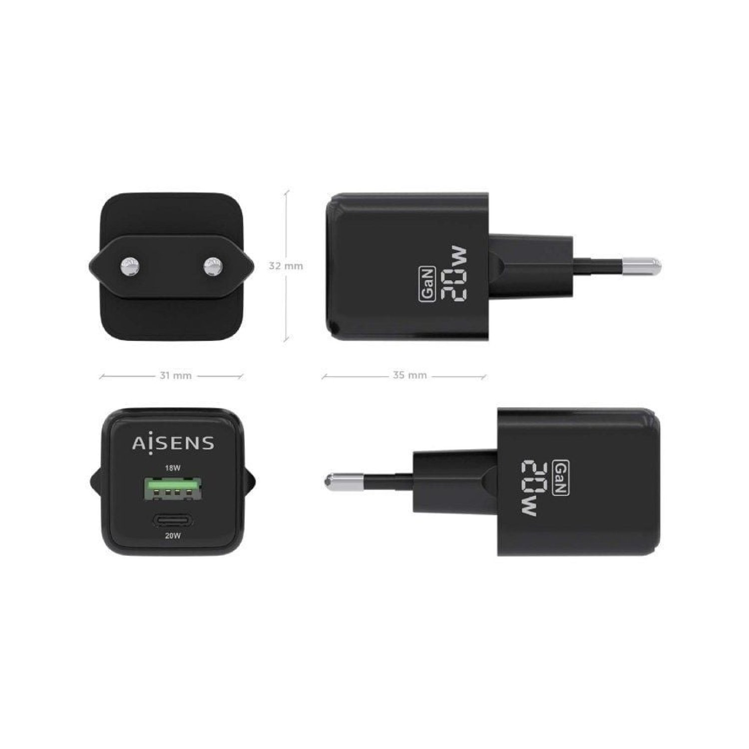 Aisens Cargador GaN 20W · 1 USB Tipo-C · 1 USB · Compacto