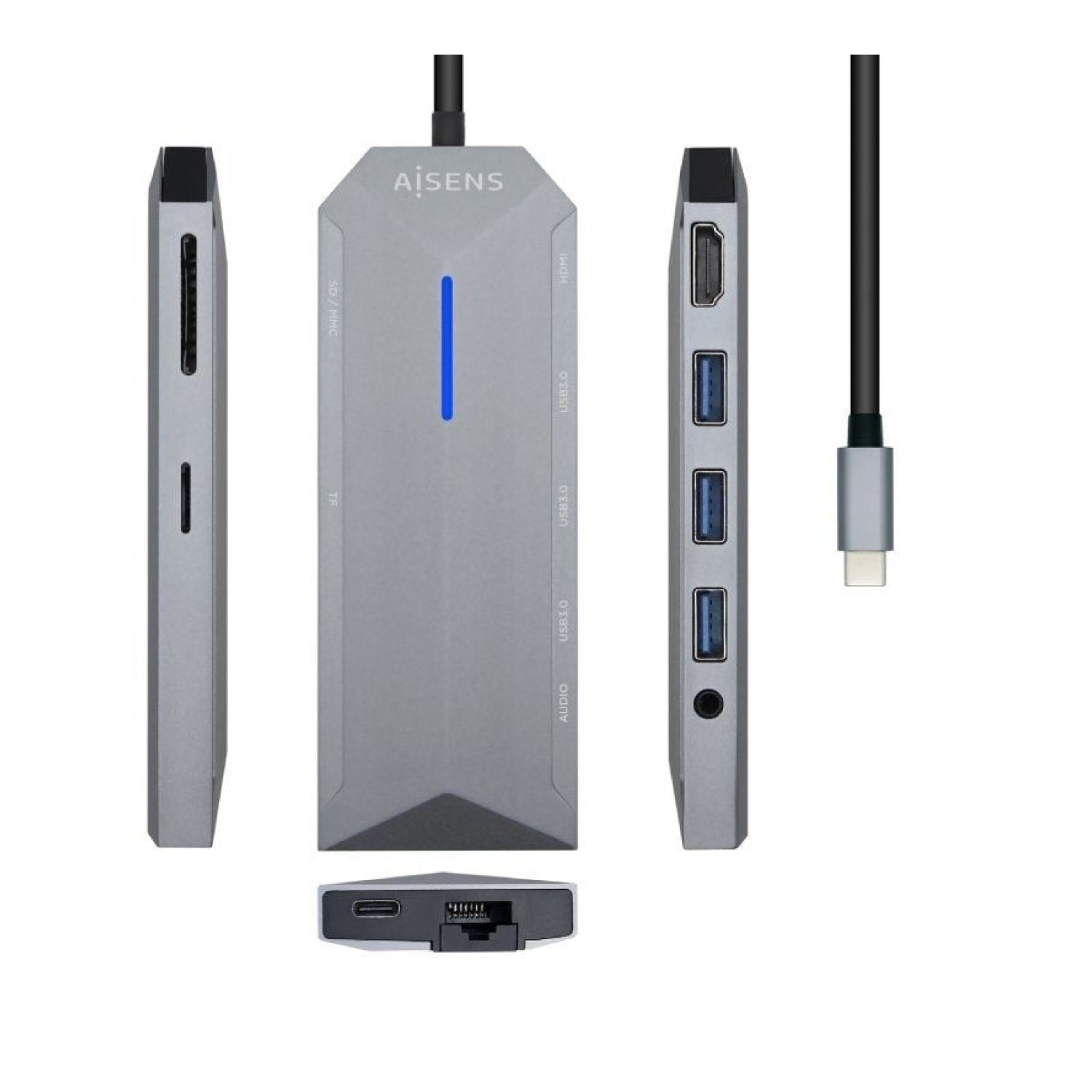 Aisens Docking USB-C · 1xHDMI 4K · 3xUSB · RJ45 · Lector Tarjetas · PD 100W