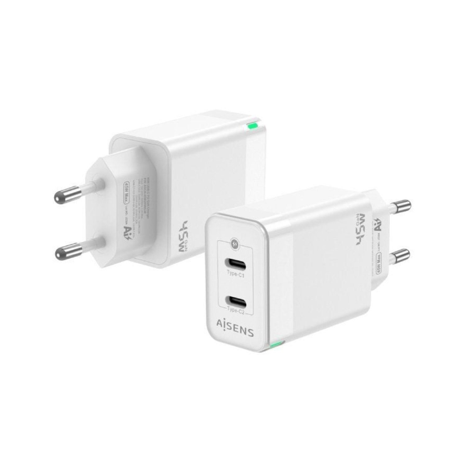 Aisens Cargador GaN · 2x USB-C · 45W · Carga Rápida