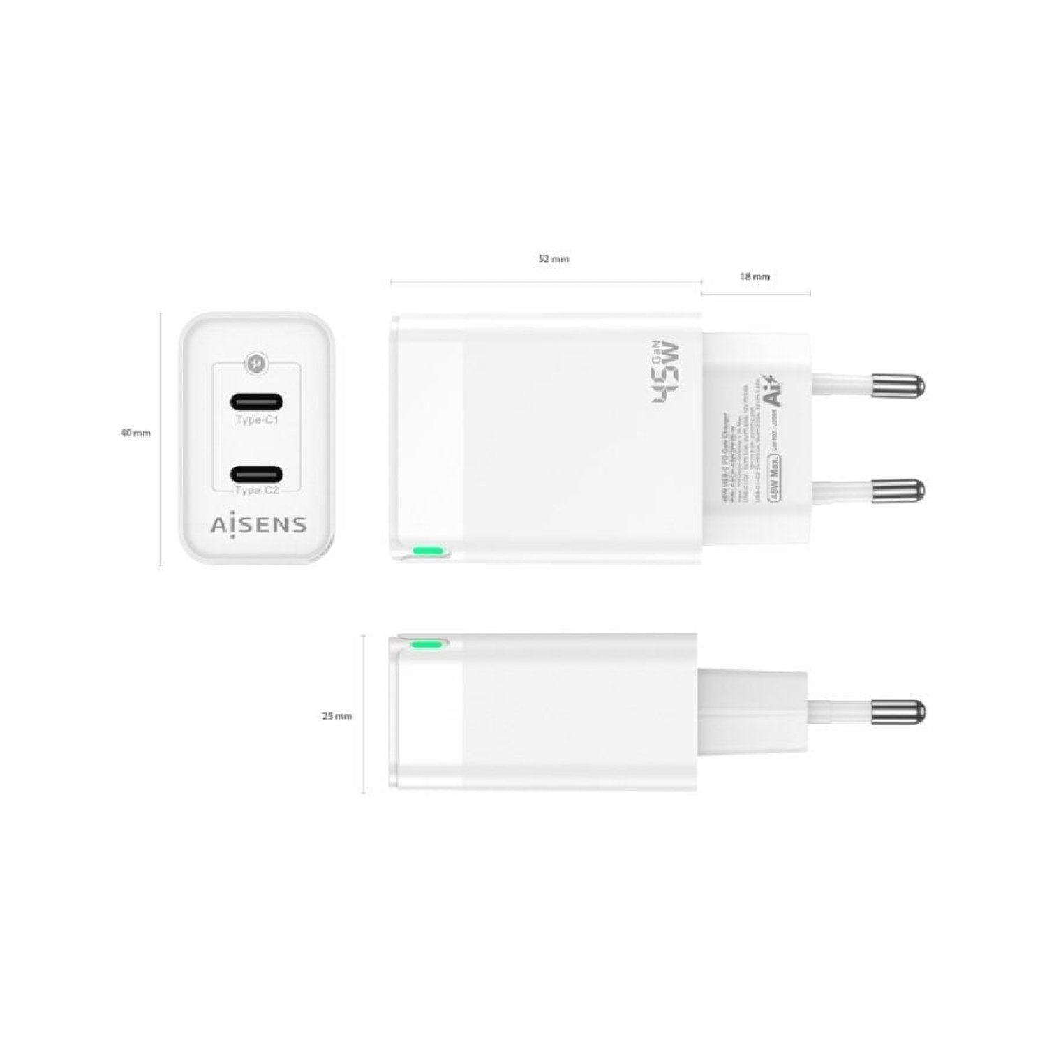 Aisens Cargador GaN · 2x USB-C · 45W · Carga Rápida
