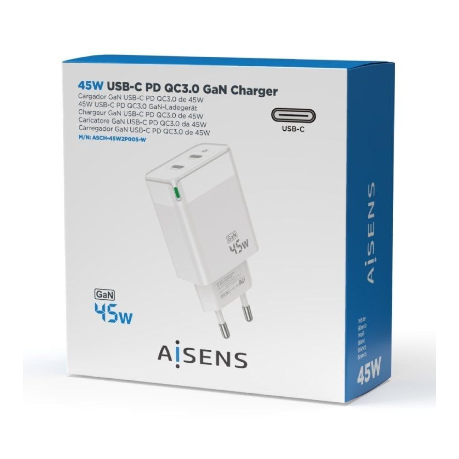 Aisens Cargador GaN · 2x USB-C · 45W · Carga Rápida