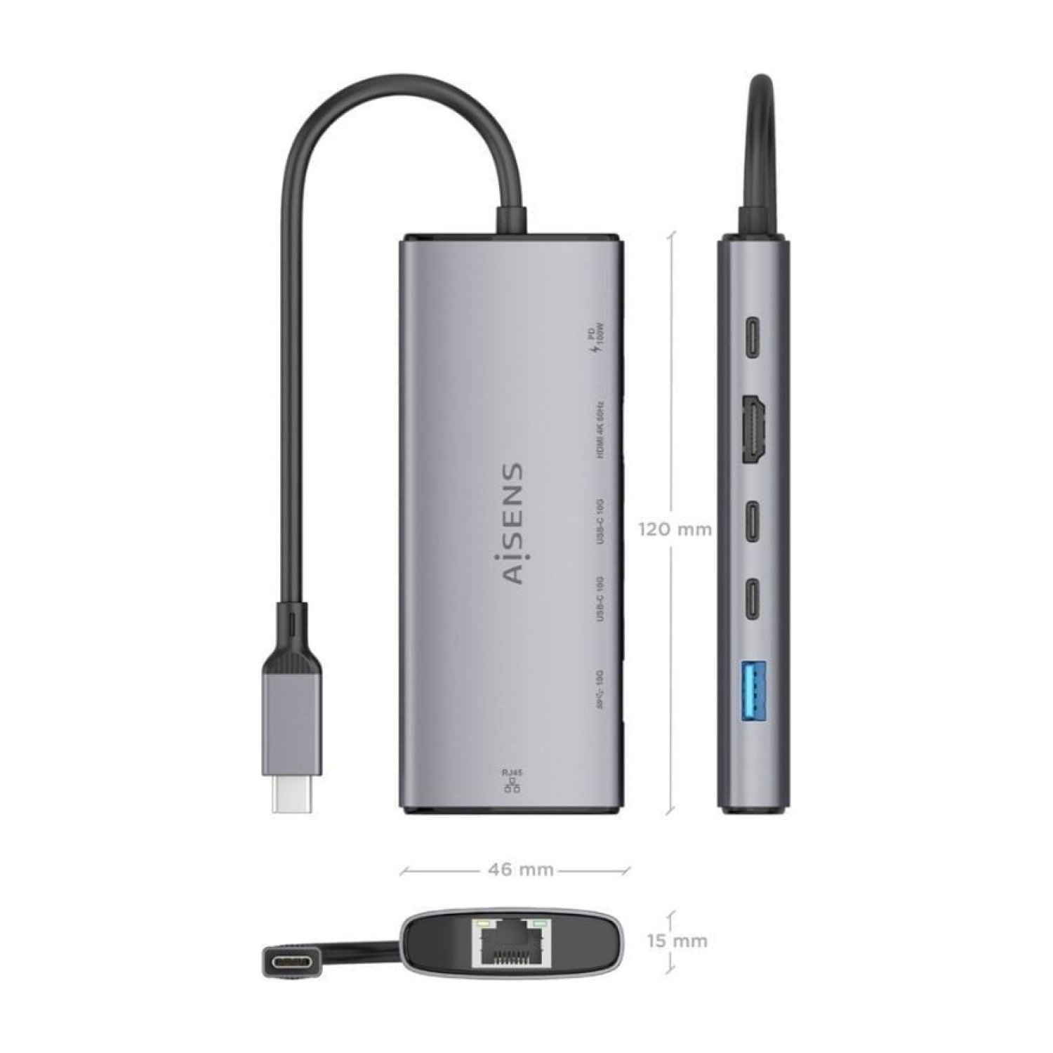 Aisens Docking USB Tipo-C · HDMI 4K · RJ45 Gigabit · 3x USB-C · Gris