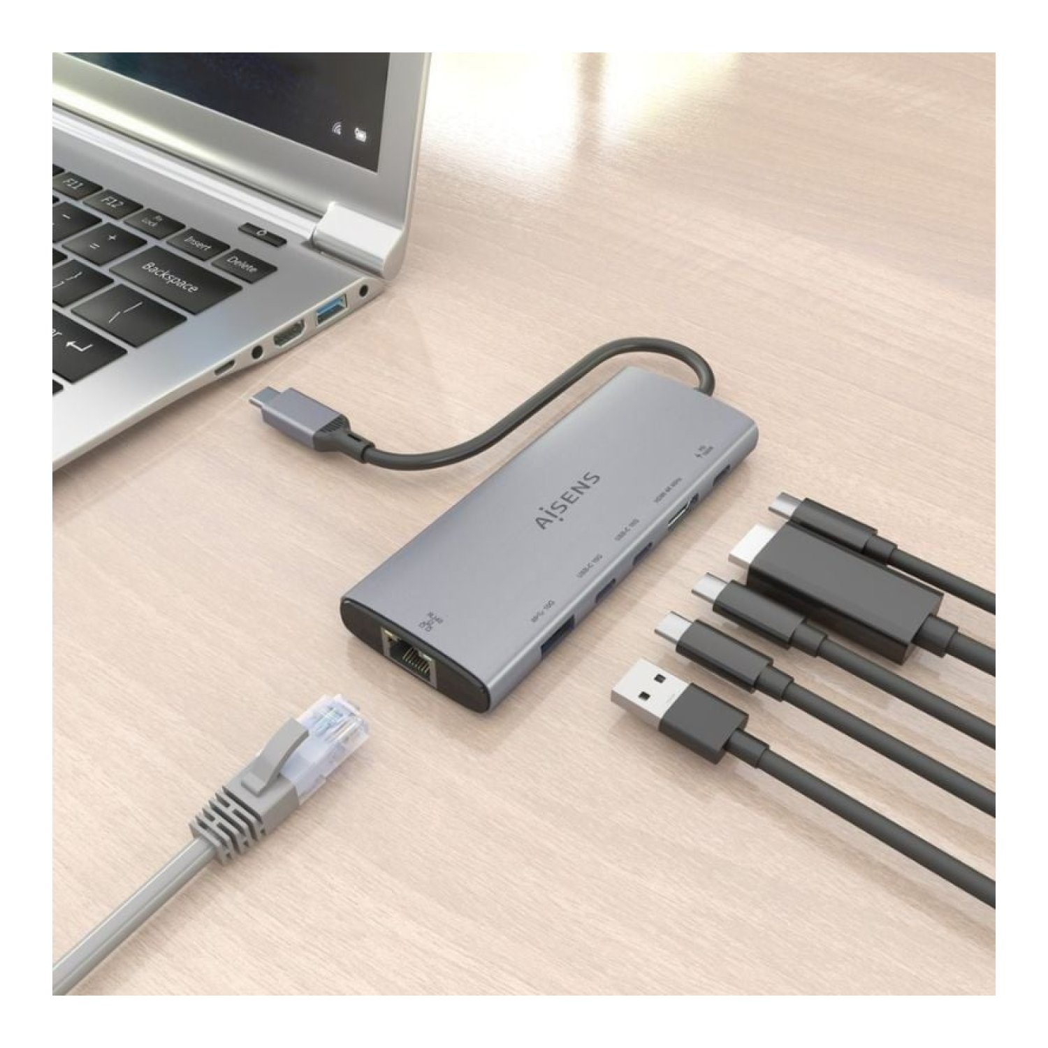 Aisens Docking USB Tipo-C · HDMI 4K · RJ45 Gigabit · 3x USB-C · Gris