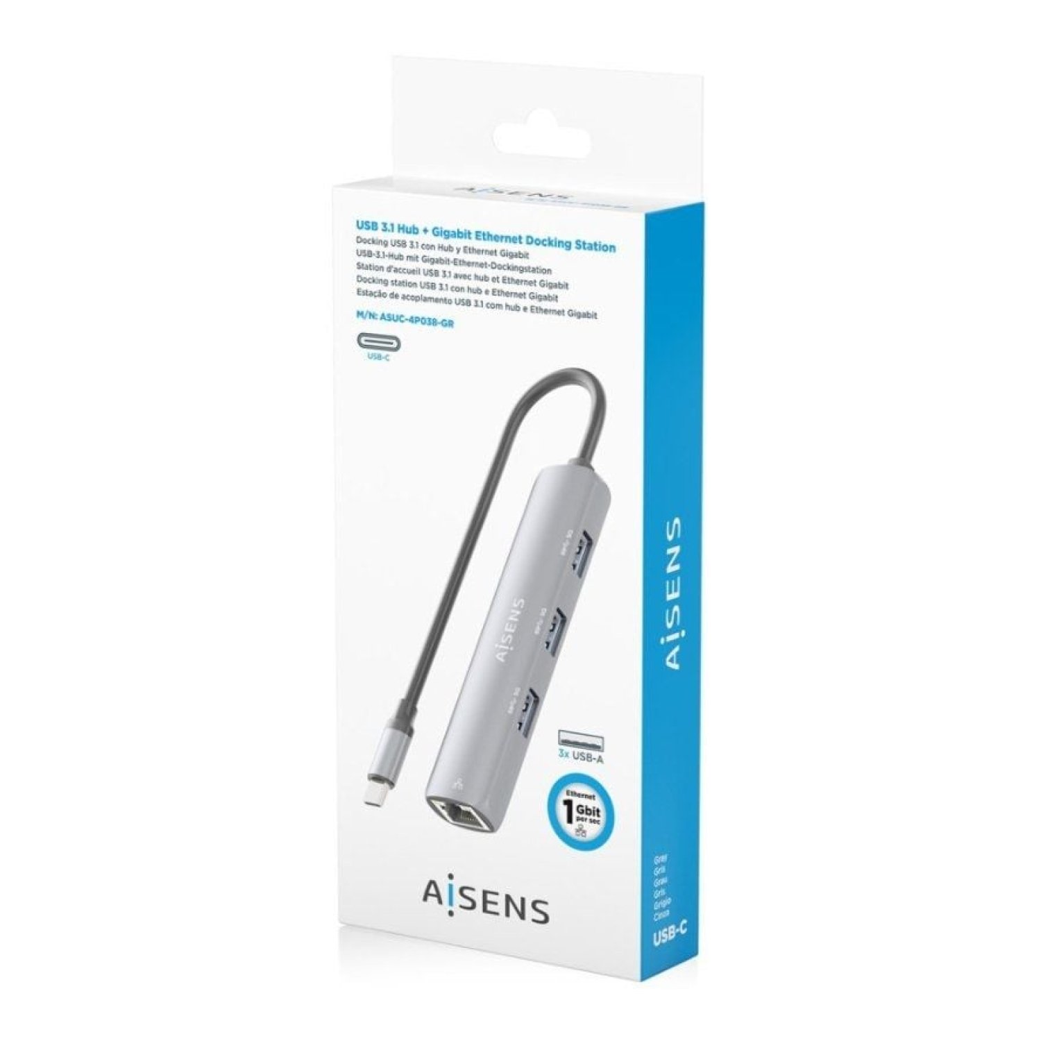 Aisens Hub USB Tipo-C · 3xUSB 2.0 · 1xRJ45 Gigabit · Gris