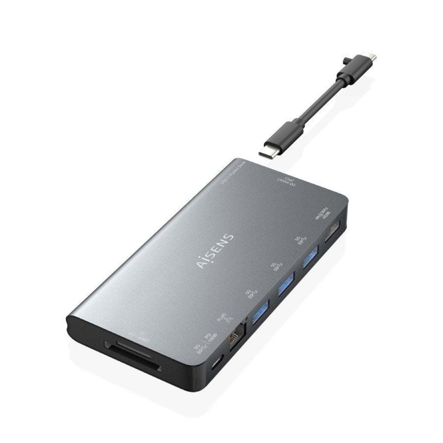 Aisens · Docking USB Tipo-C · HDMI 4K · 3xUSB · RJ45 · Lector Tarjetas · Gris