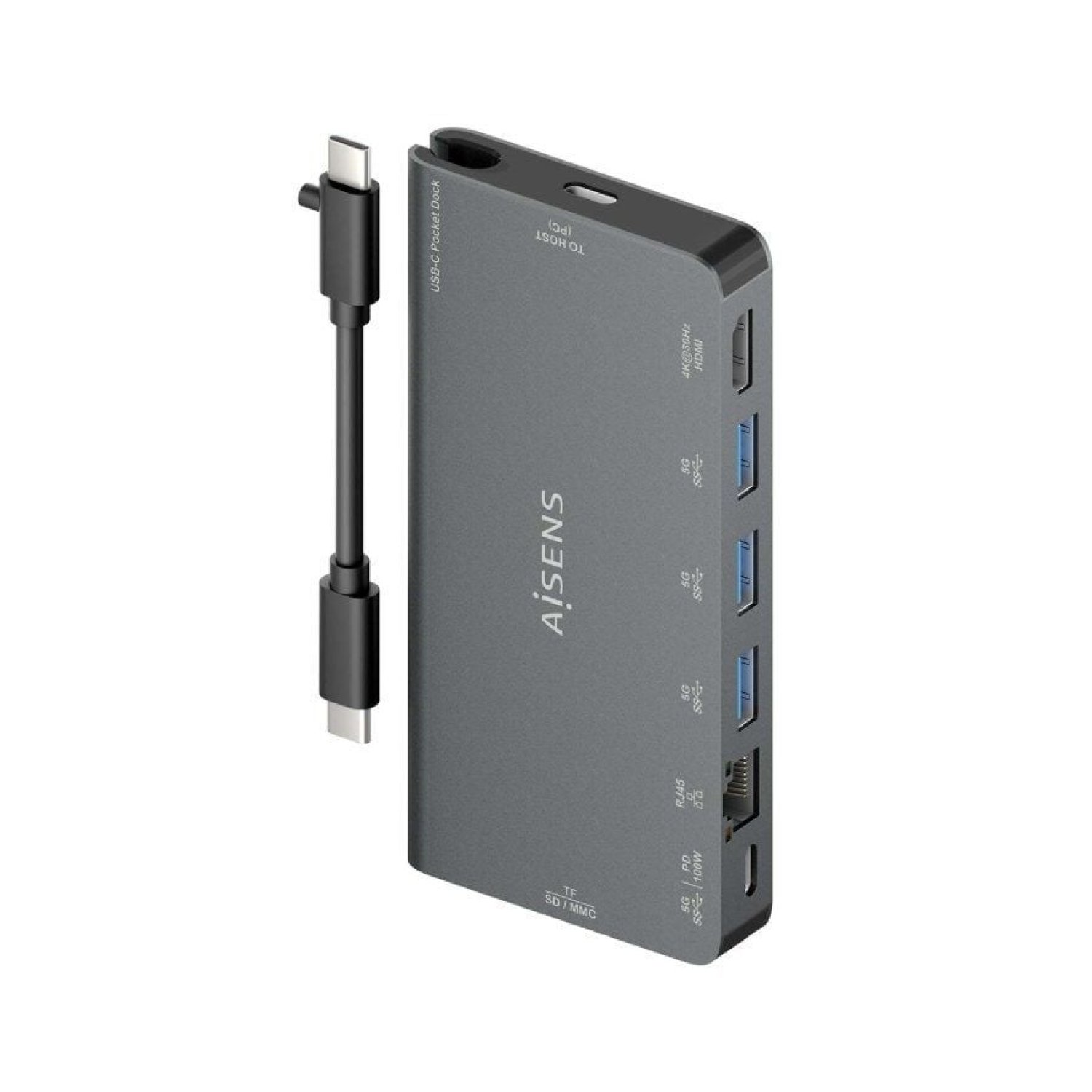 Aisens · Docking USB Tipo-C · HDMI 4K · 3xUSB · RJ45 · Lector Tarjetas · Gris