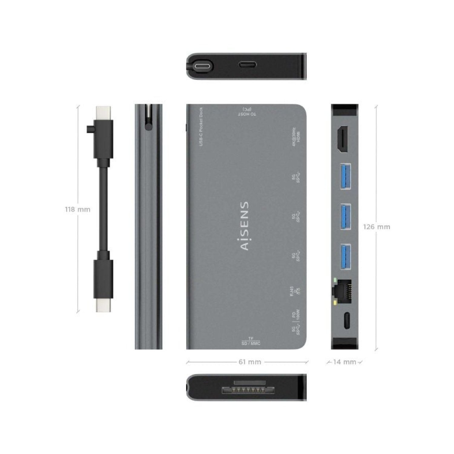 Aisens · Docking USB Tipo-C · HDMI 4K · 3xUSB · RJ45 · Lector Tarjetas · Gris