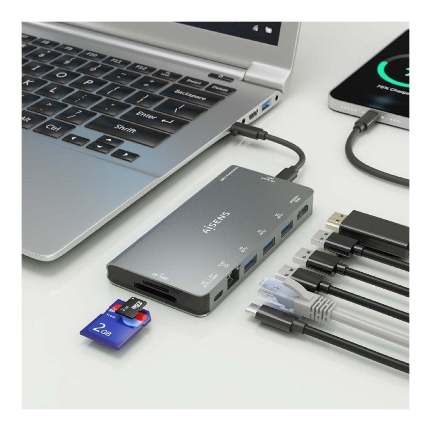 Aisens · Docking USB Tipo-C · HDMI 4K · 3xUSB · RJ45 · Lector Tarjetas · Gris