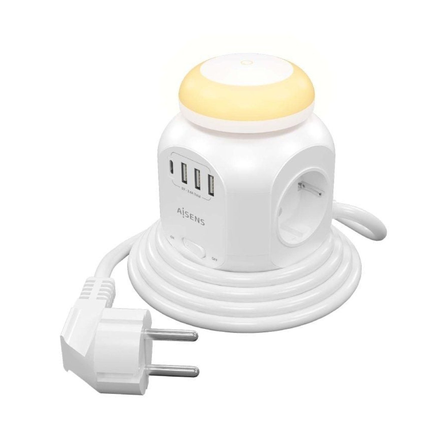 Aisens · Regleta 4 Tomas + 4 USB · Interruptor y Luz Nocturna · Cable 1,8m · Blanca
