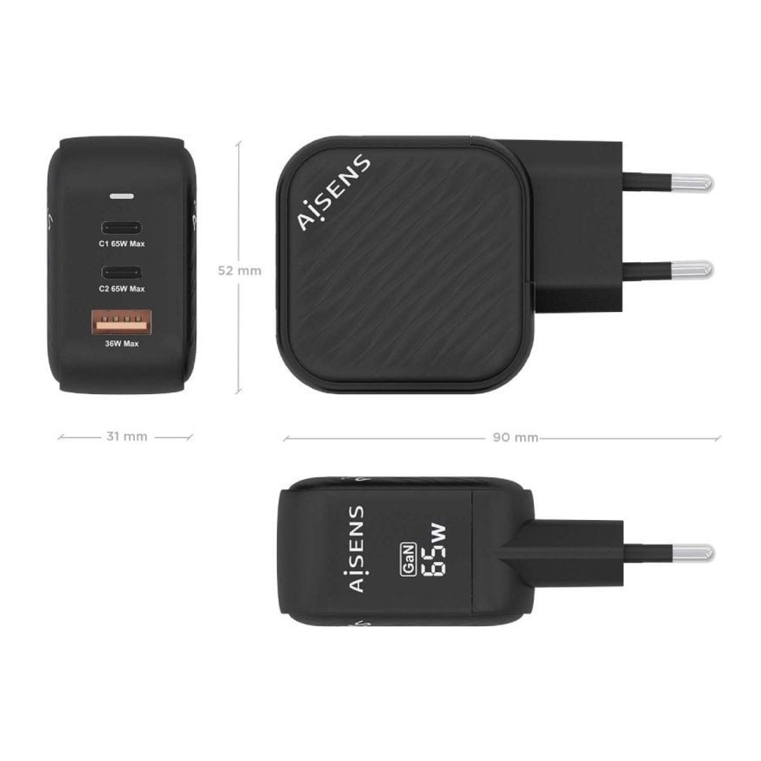 Aisens · Cargador GaN 65W · 2x USB-C + 1x USB · Pared