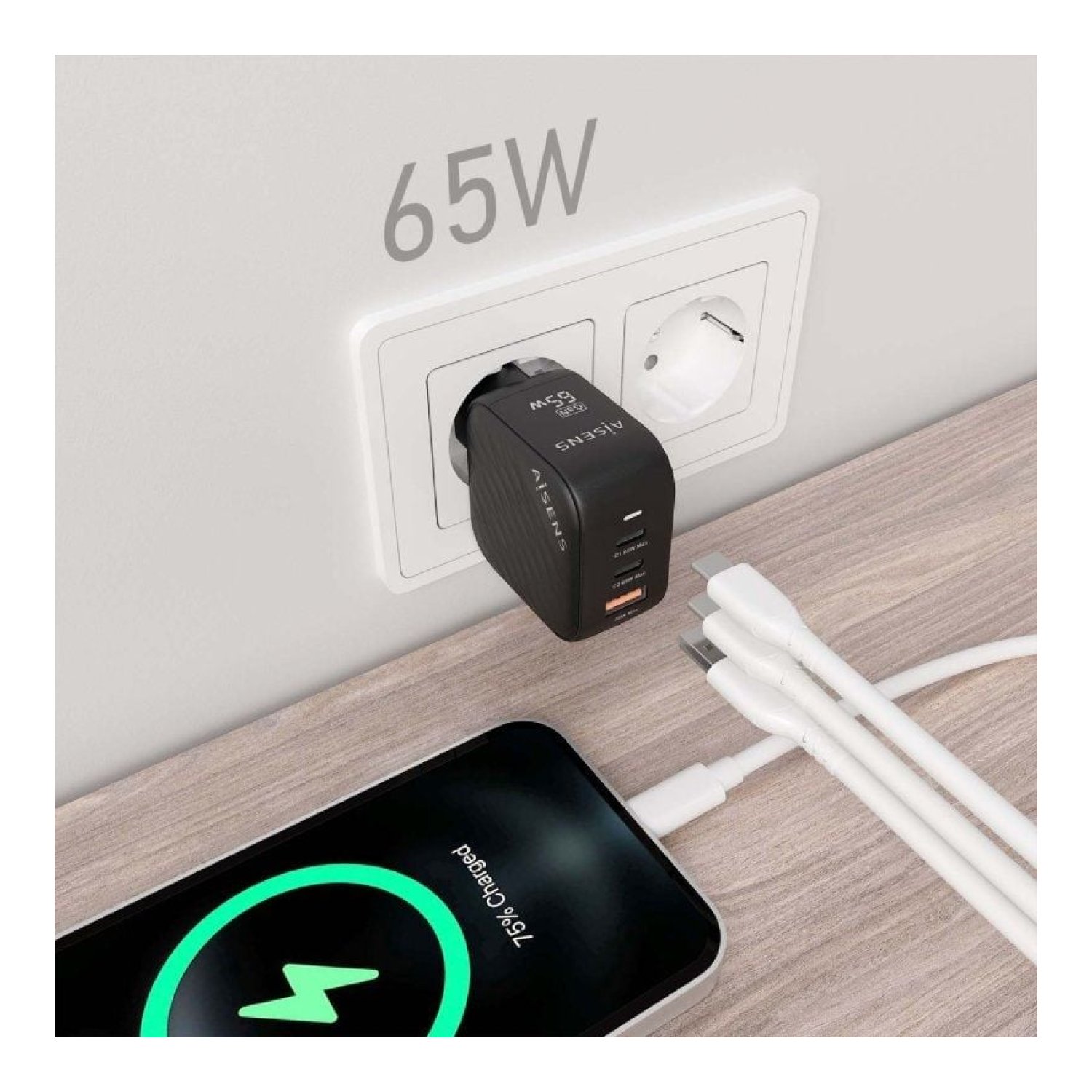 Aisens · Cargador GaN 65W · 2x USB-C + 1x USB · Pared
