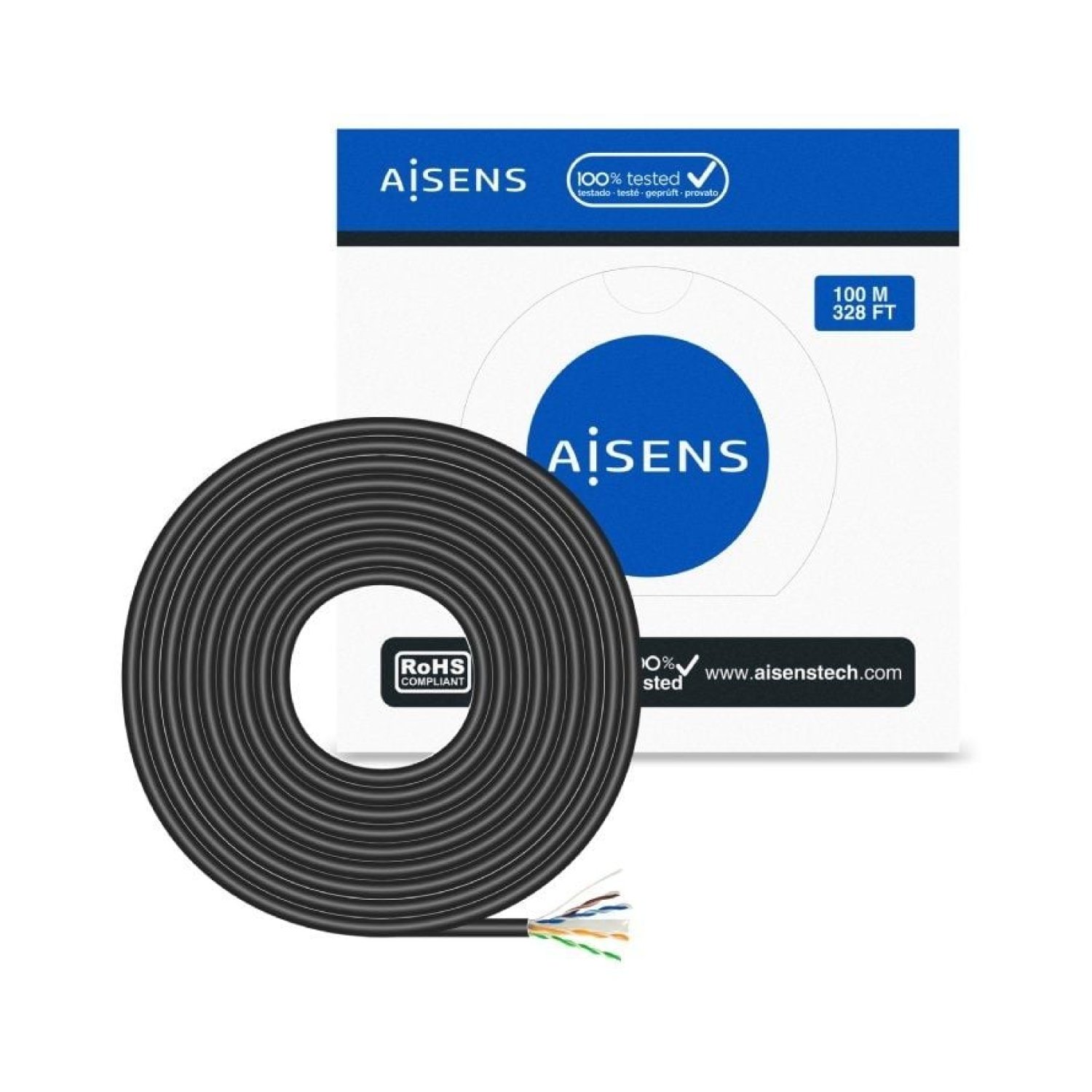 Aisens Bobina Cable RJ45 Cat.6 · 100m · UTP AWG23 · Impermeable · Negro