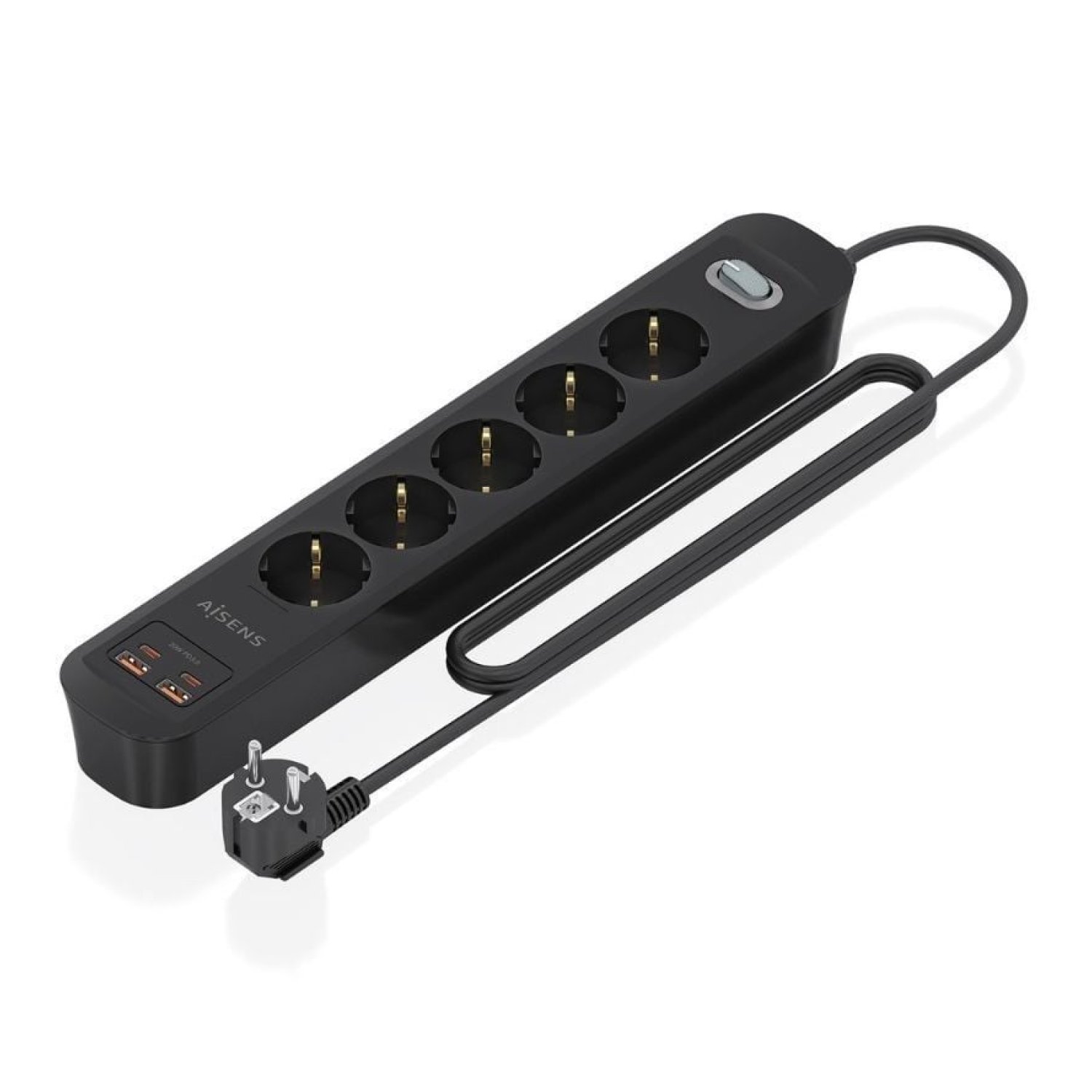 Aisens · Regleta de 5 Tomas + 2 USB + 2 USB-C · Cable 1,4m · Negro