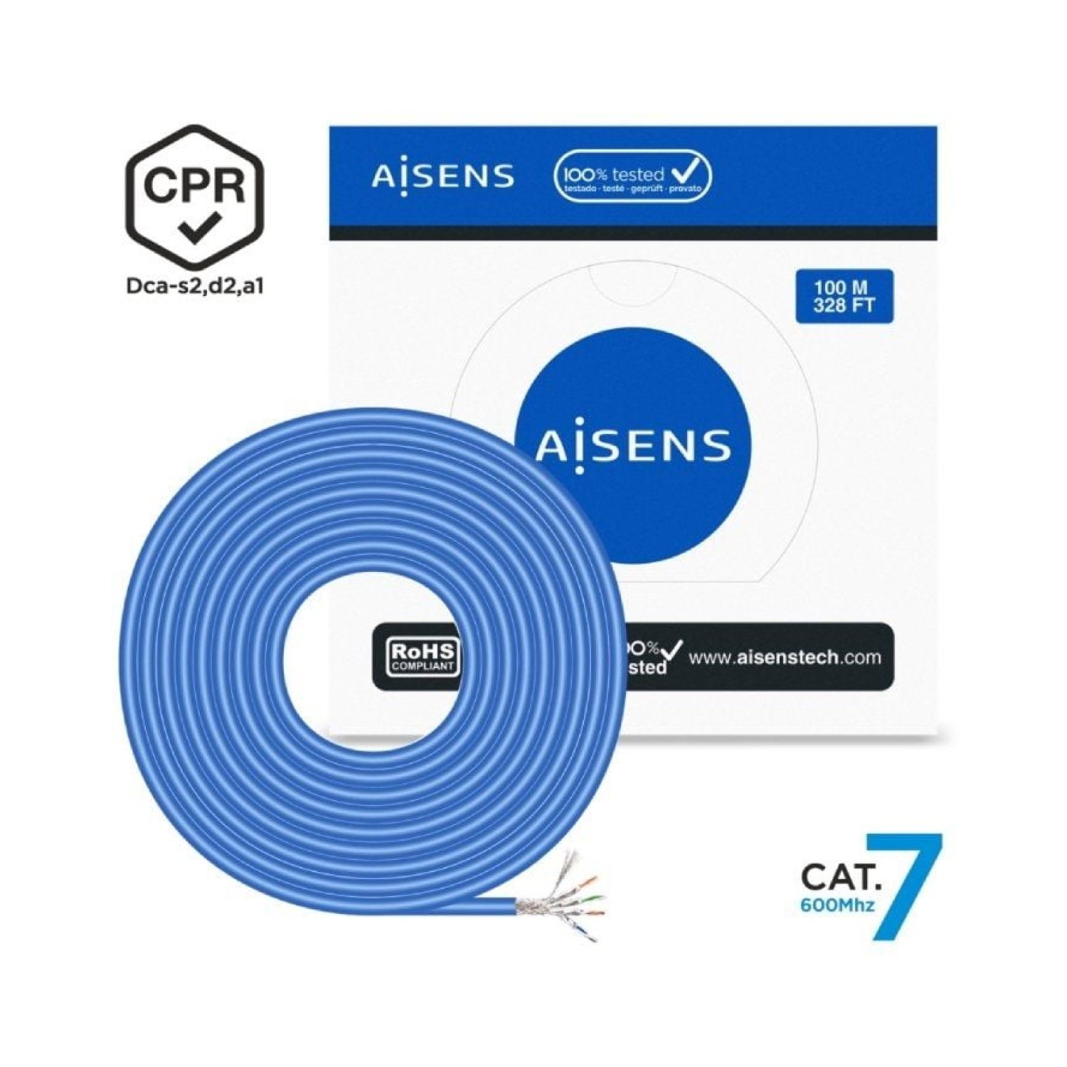Aisens · Bobina Cable RJ45 SFTP Cat.7 · 100m · AWG23 · LSZH CPR · Azul