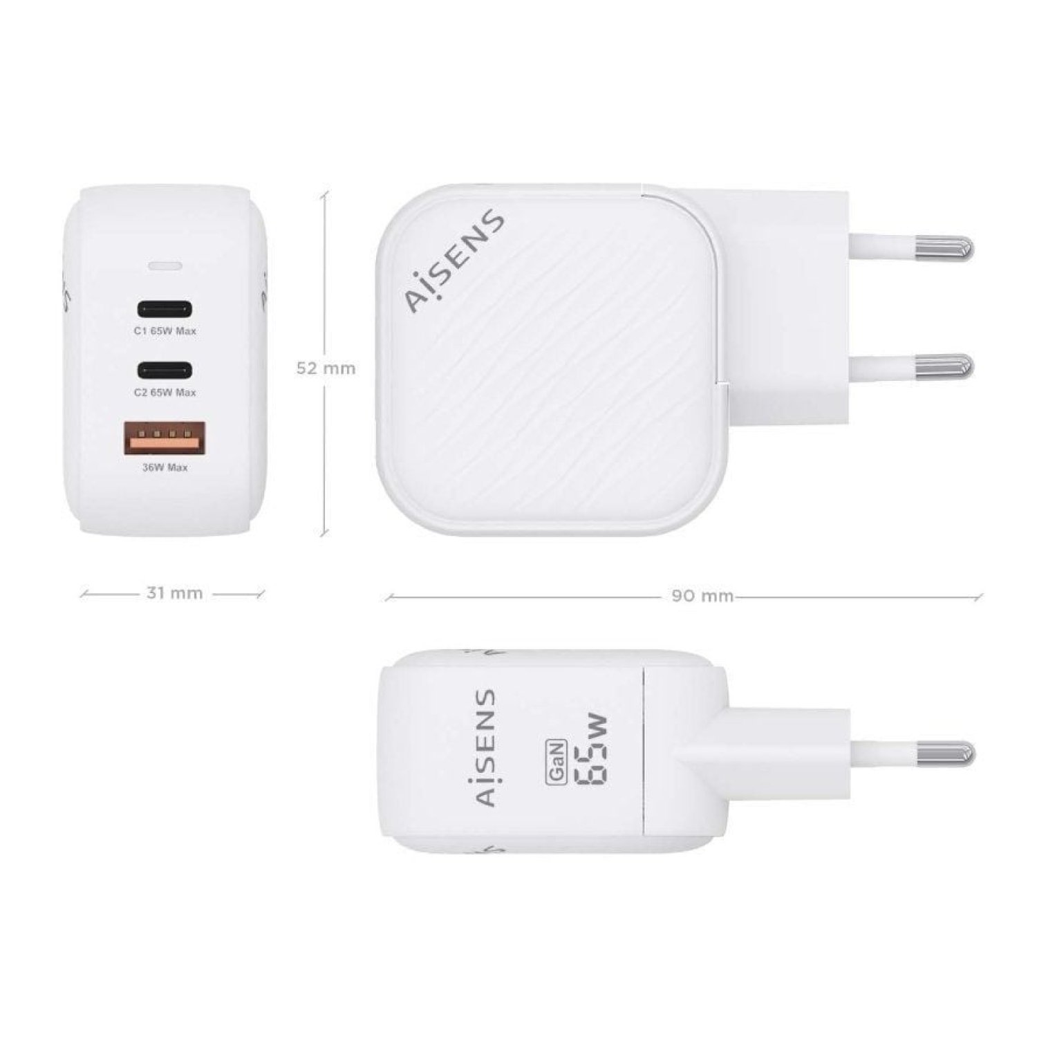 Aisens Cargador GaN 65W · 2xUSB-C · 1xUSB · Carga Rápida