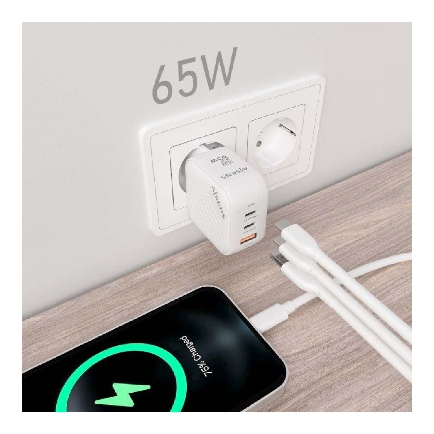 Aisens Cargador GaN 65W · 2xUSB-C · 1xUSB · Carga Rápida