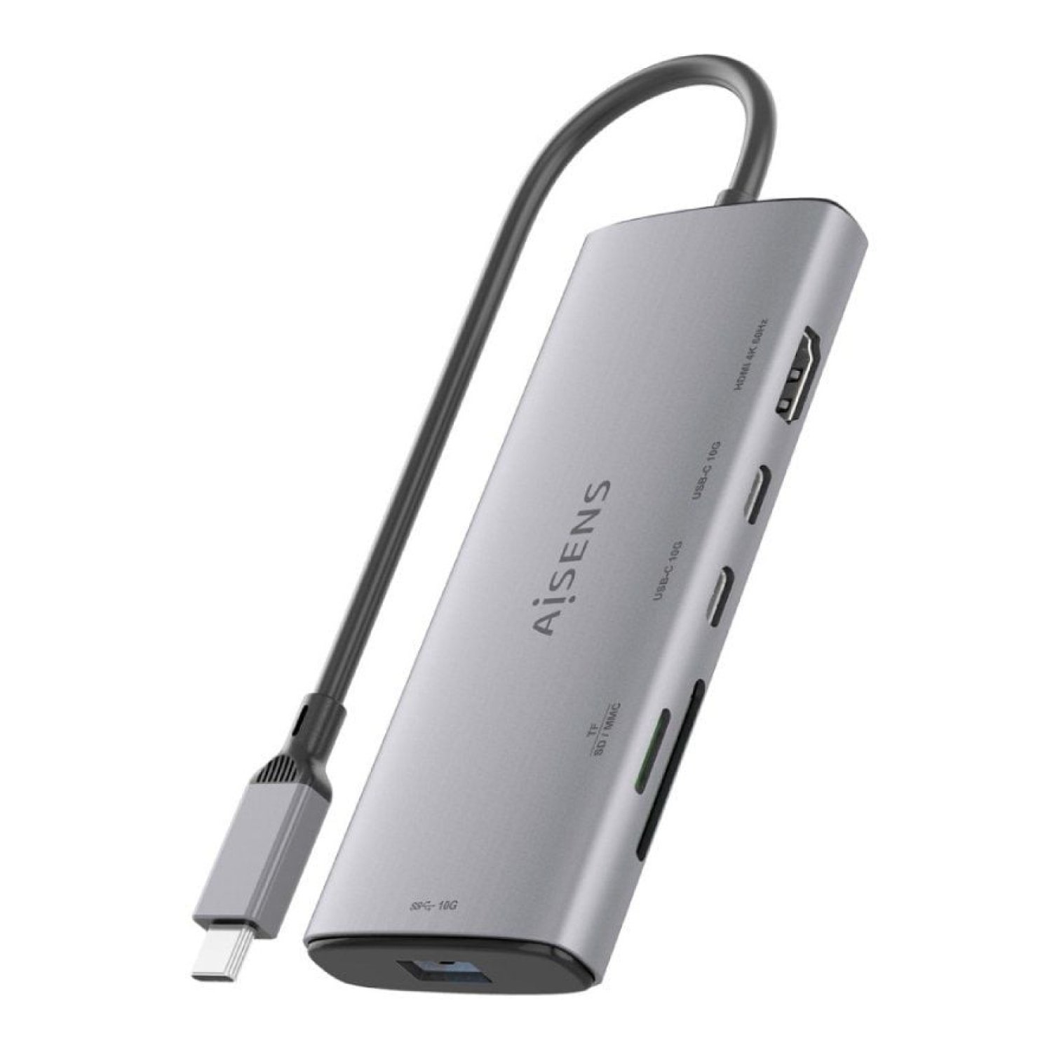 Aisens Docking USB-C · HDMI 4K · 2xUSB-C · 1xUSB · Lector Tarjetas · Gris