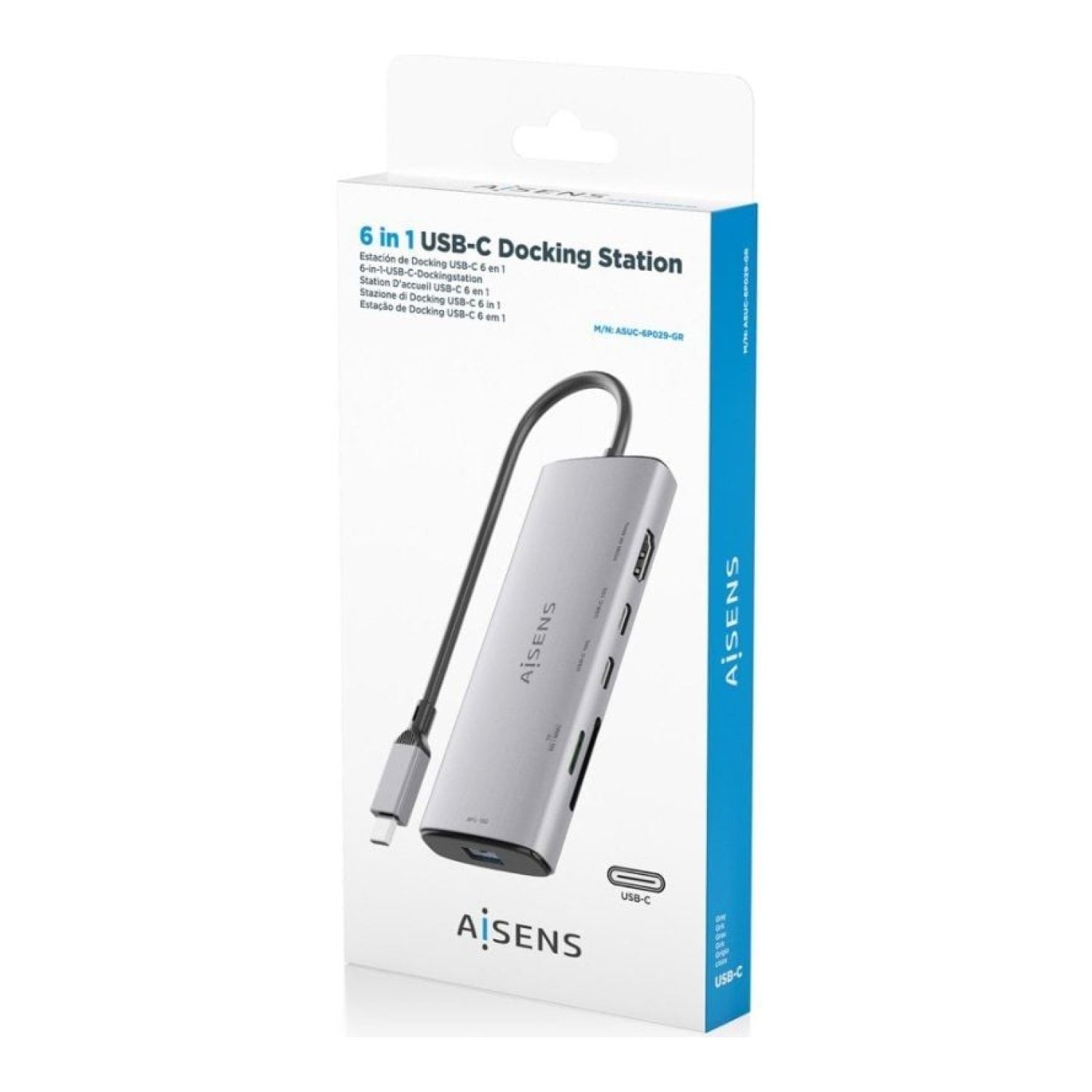 Aisens Docking USB-C · HDMI 4K · 2xUSB-C · 1xUSB · Lector Tarjetas · Gris