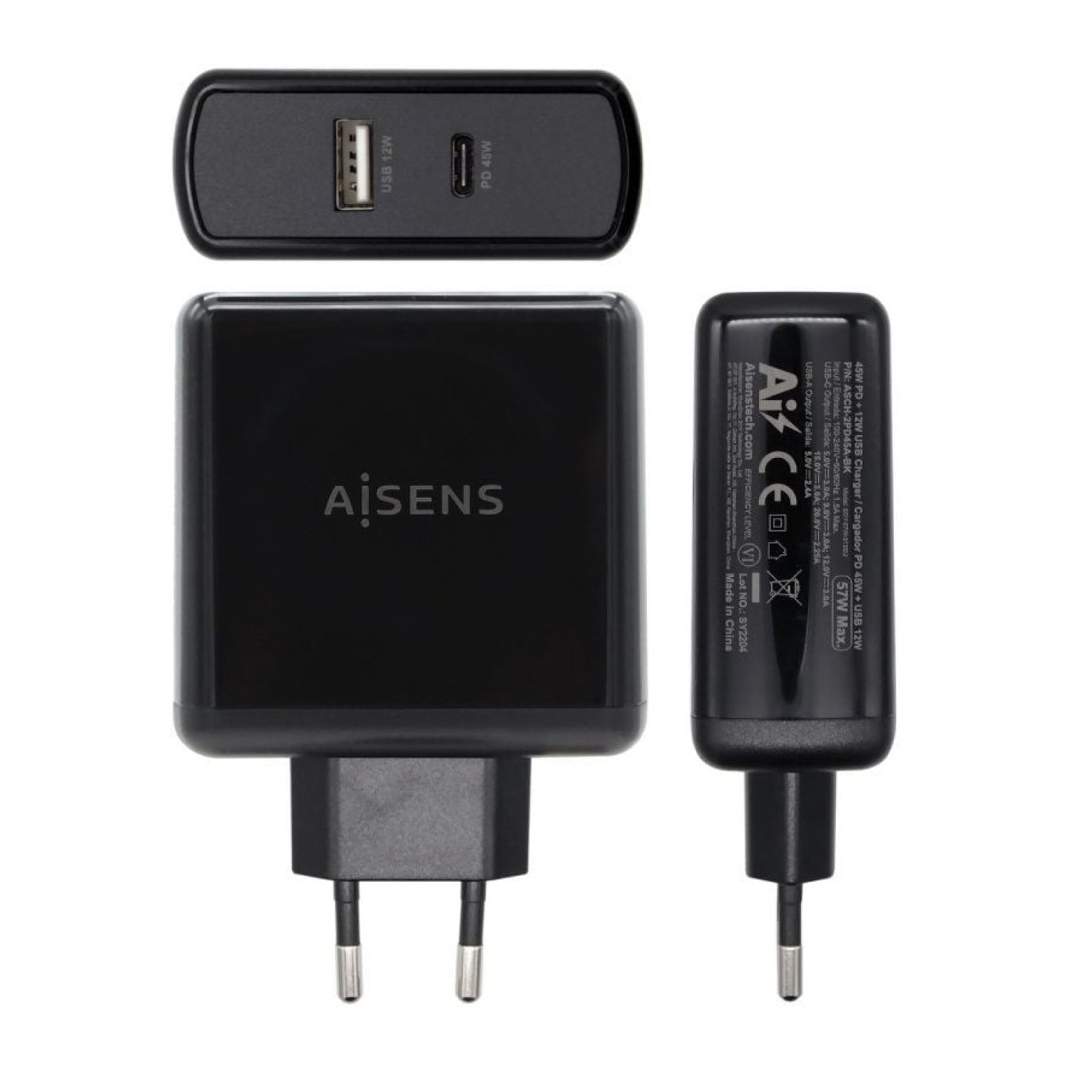 Aisens Cargador Pared · 2 Puertos · USB-C + USB · 57W