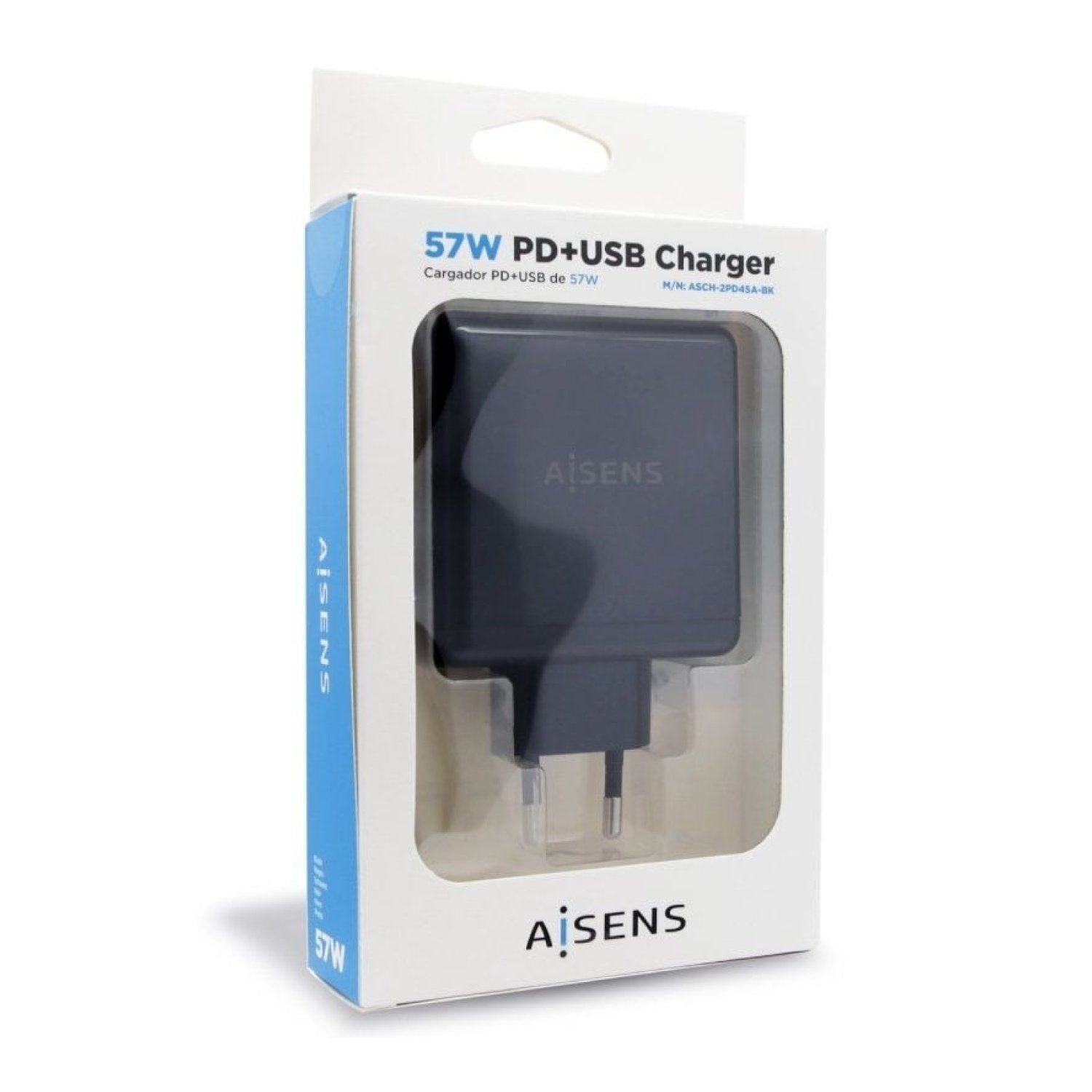 Aisens Cargador Pared · 2 Puertos · USB-C + USB · 57W