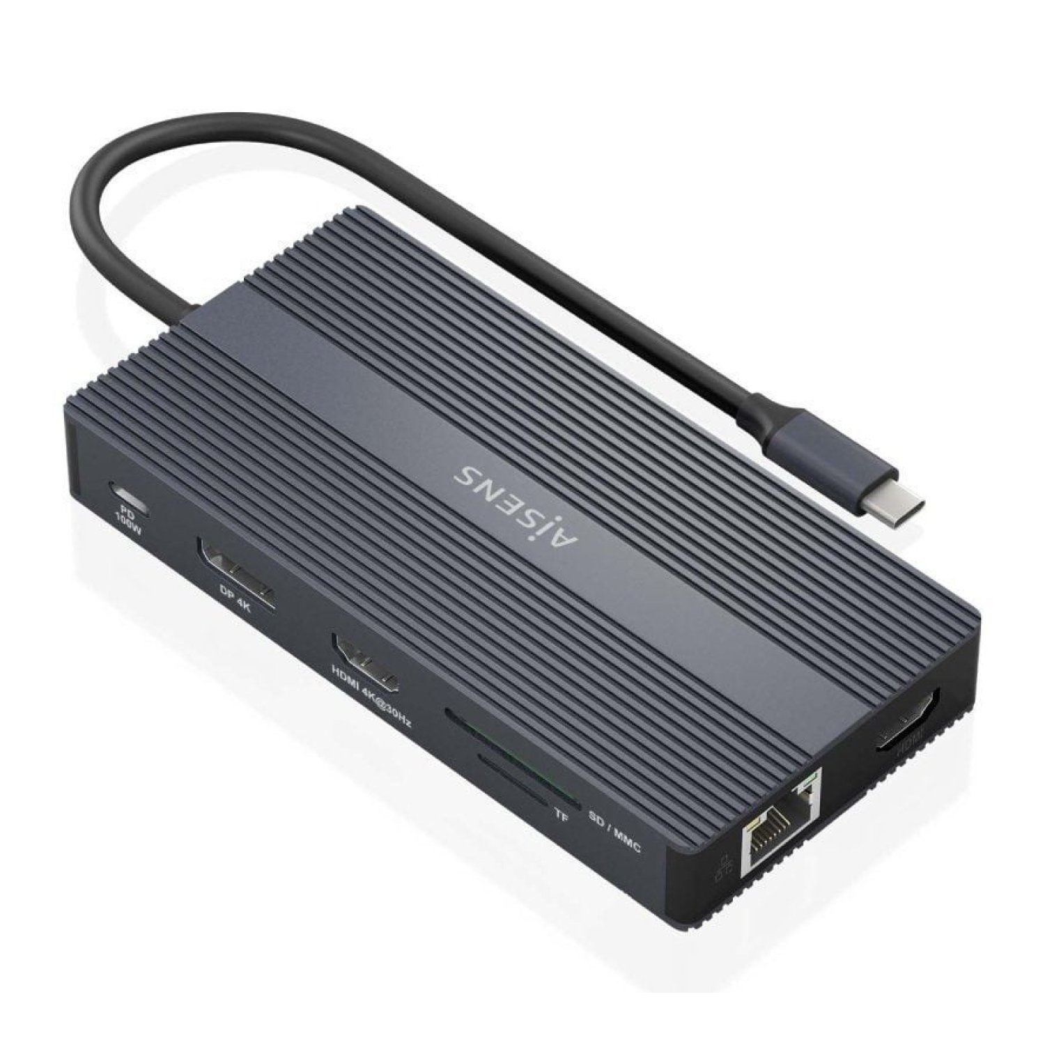 Aisens Docking USB Tipo-C · 2xHDMI 4K · 4xUSB · RJ45 · DisplayPort · Lector Tarjetas · Gris