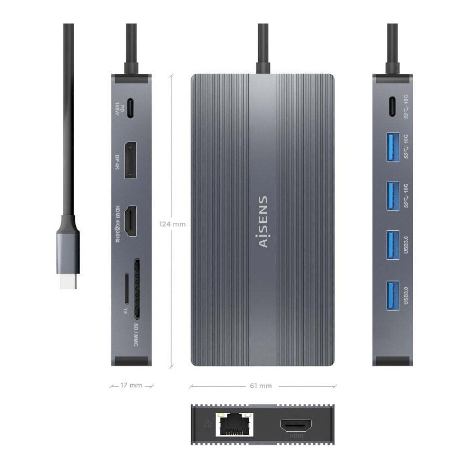 Aisens Docking USB Tipo-C · 2xHDMI 4K · 4xUSB · RJ45 · DisplayPort · Lector Tarjetas · Gris