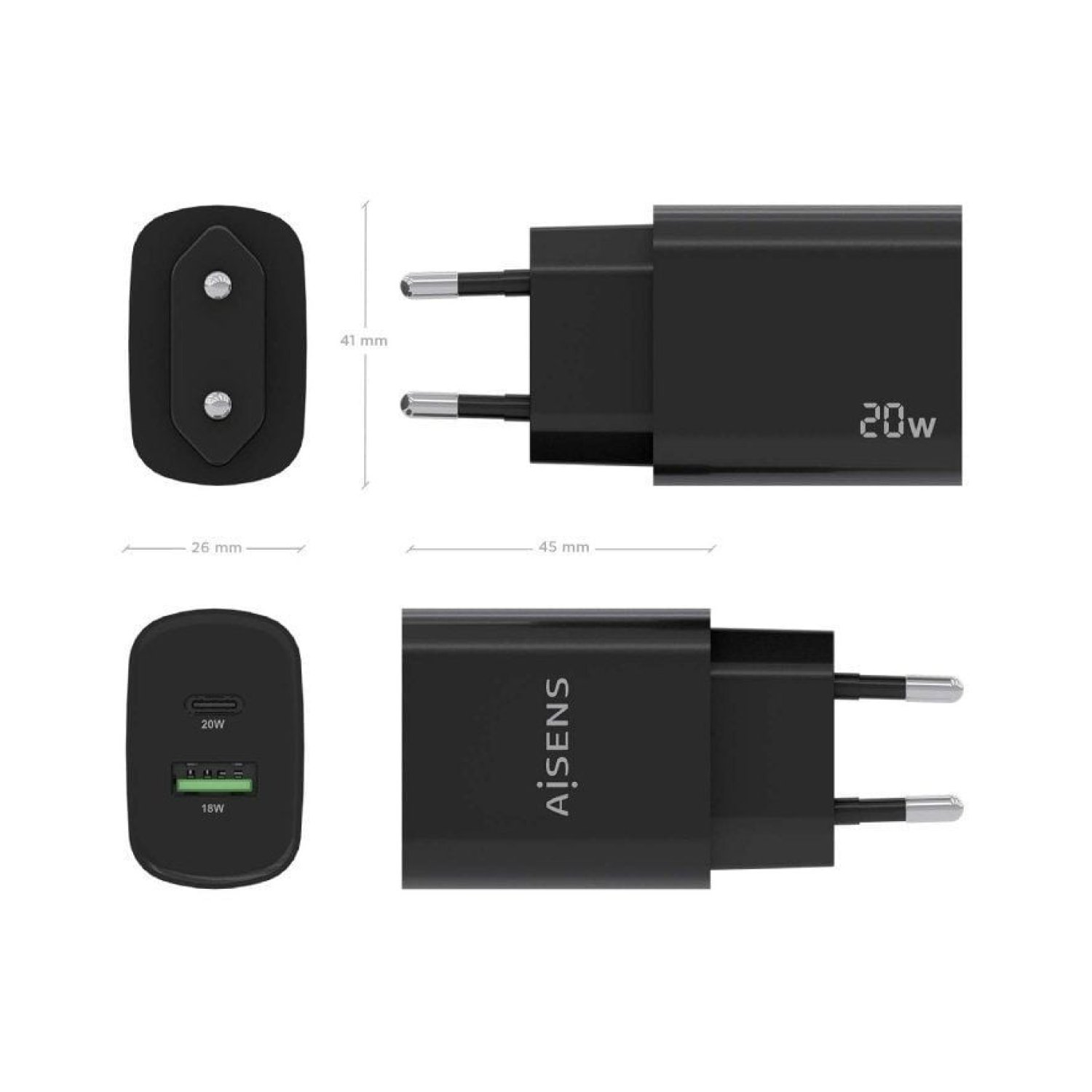 Aisens Cargador Pared · 20W · 1x USB-C · 1x USB