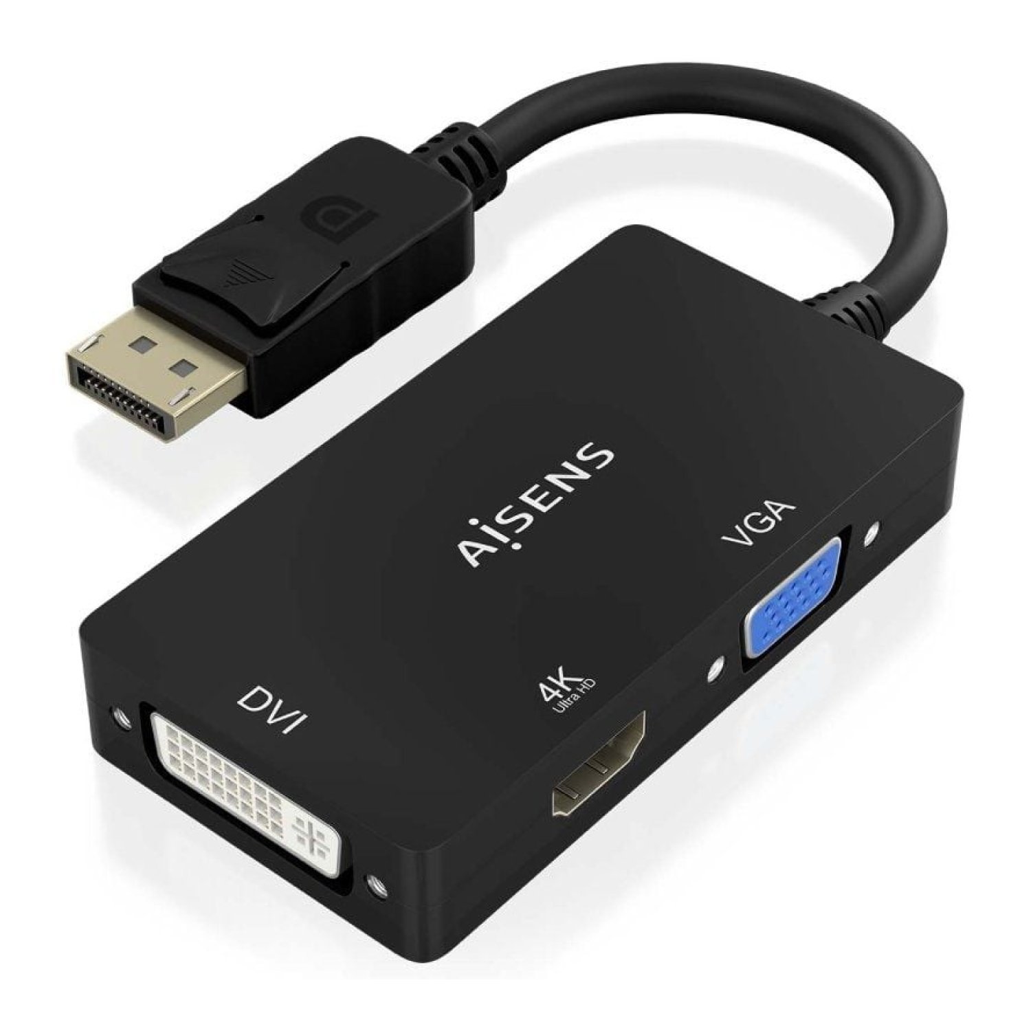 Aisens · Conversor DisplayPort a VGA/DVI/HDMI · 4K · 15cm · Negro