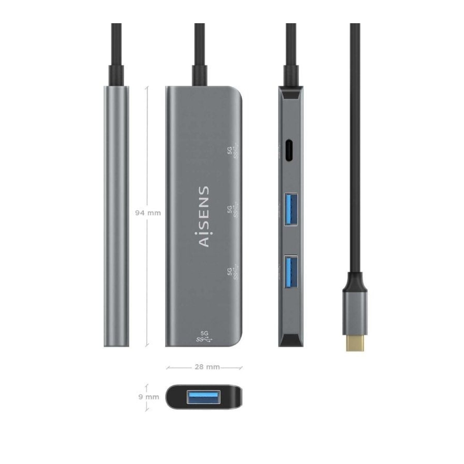Aisens Hub USB Tipo-C · 3x USB 2.0 · 1x USB Tipo-C · Gris