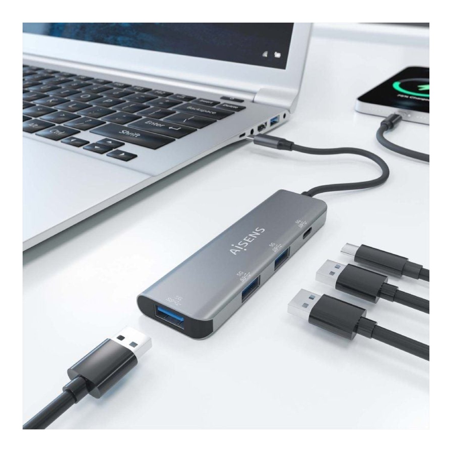 Aisens Hub USB Tipo-C · 3x USB 2.0 · 1x USB Tipo-C · Gris