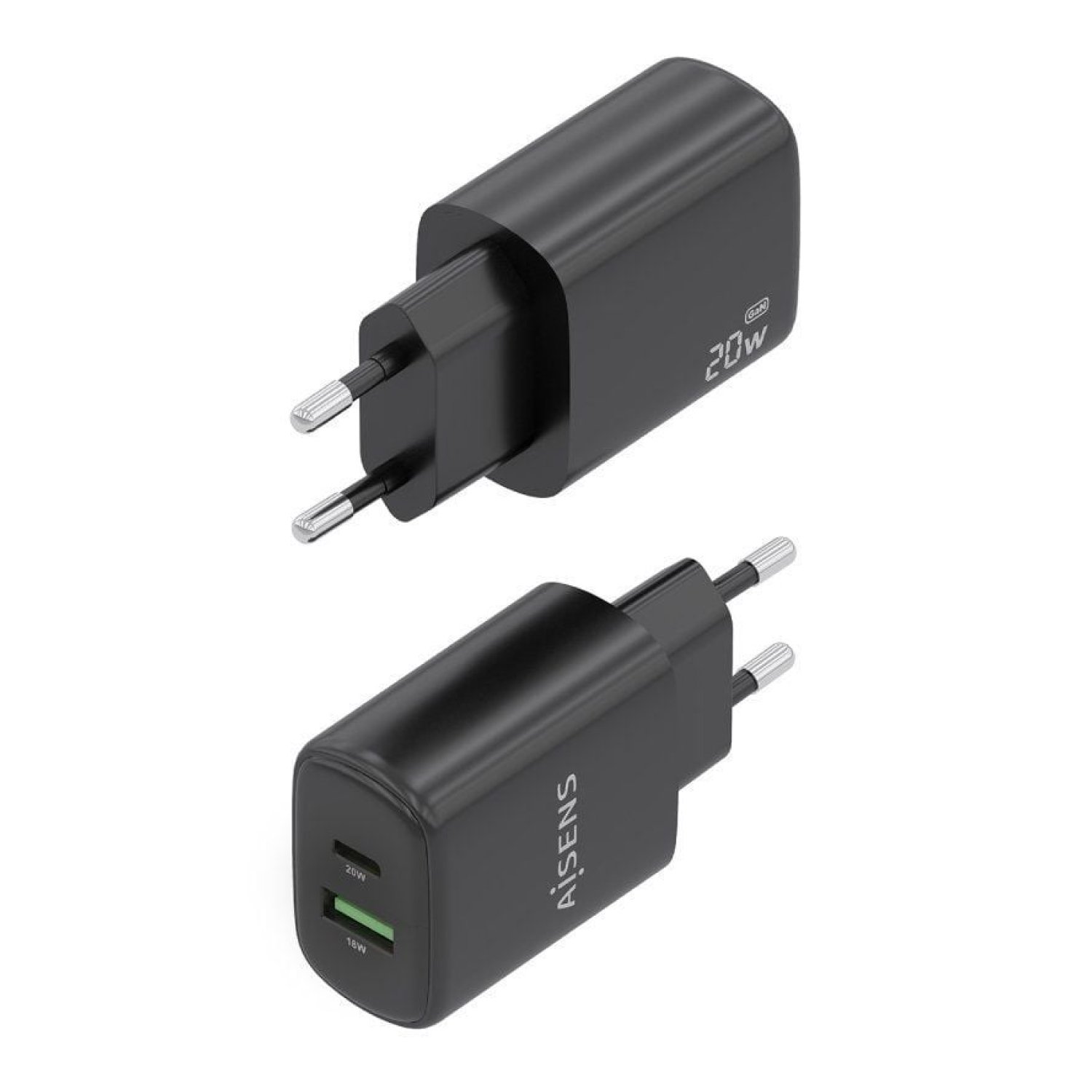Aisens · Cargador GaN 20W · USB-C + USB · Negro