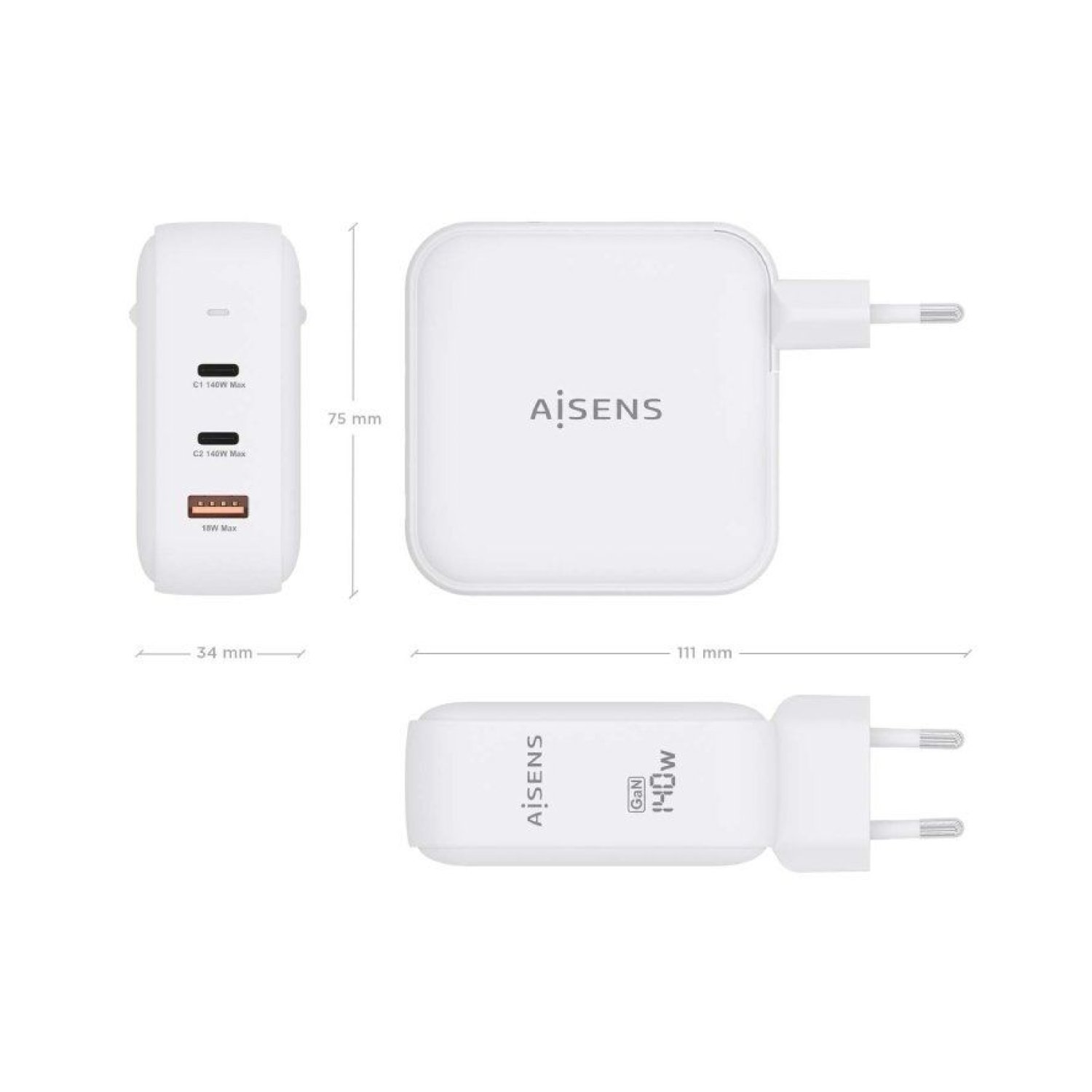 Aisens Cargador GaN 140W · 2 USB-C + 1 USB · Pared