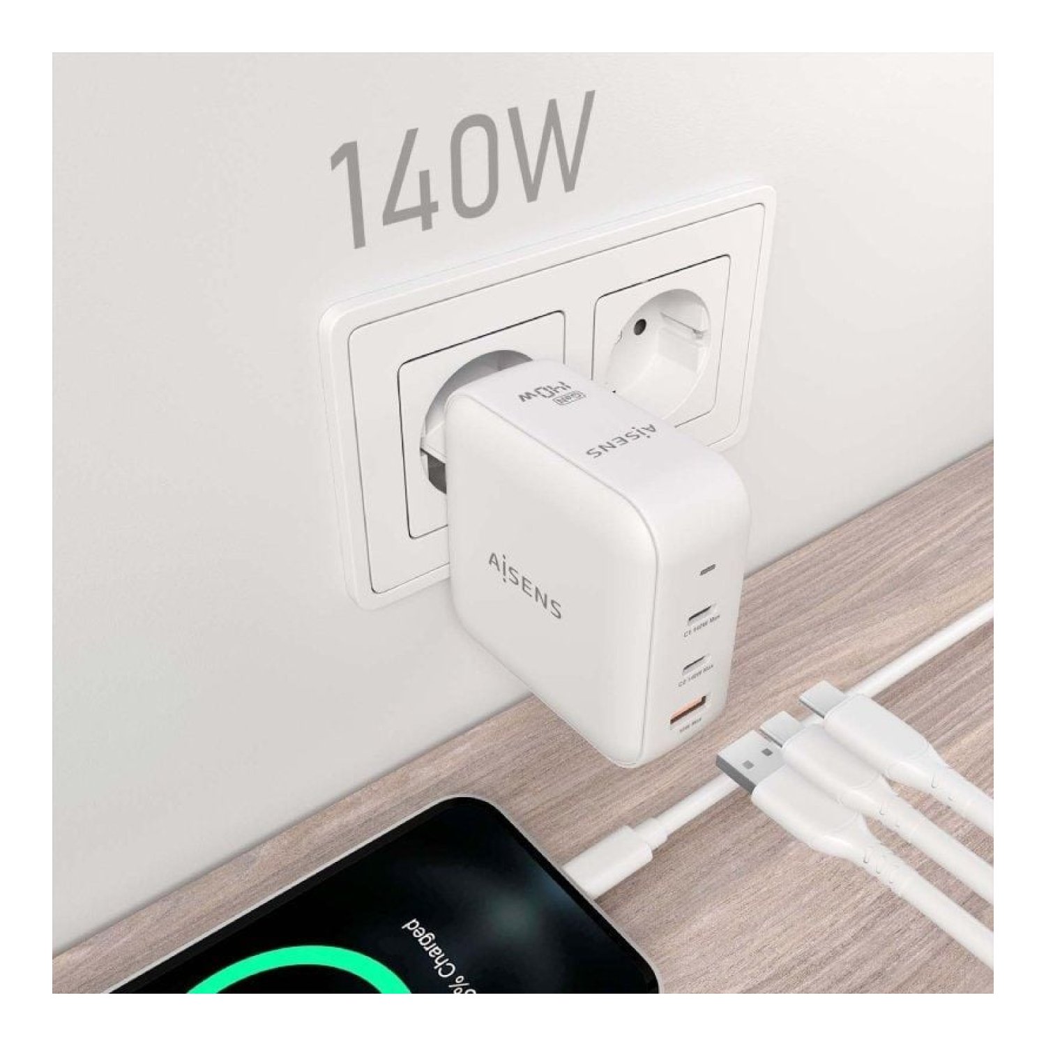 Aisens Cargador GaN 140W · 2 USB-C + 1 USB · Pared