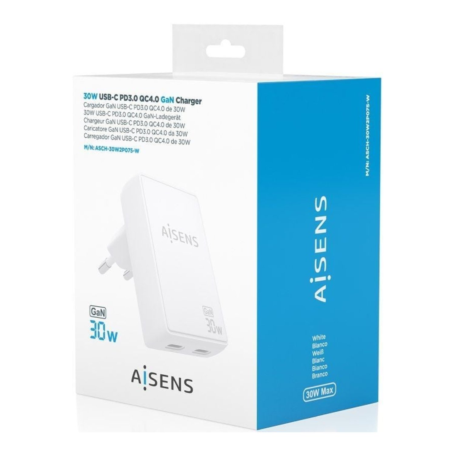 Aisens Cargador GaN · 2x USB-C · 30W · Blanco