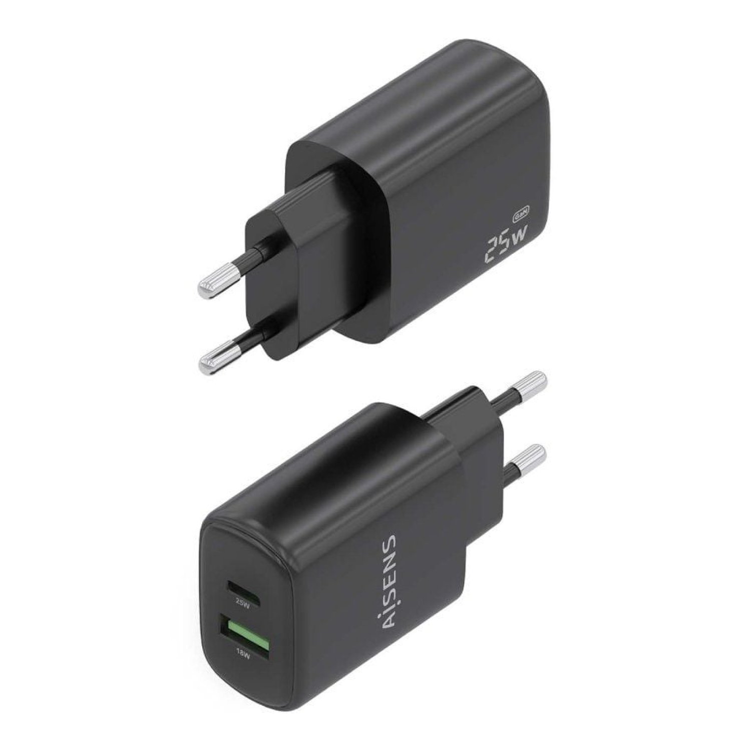 Aisens Cargador GaN · 25W · USB-C + USB · Negro