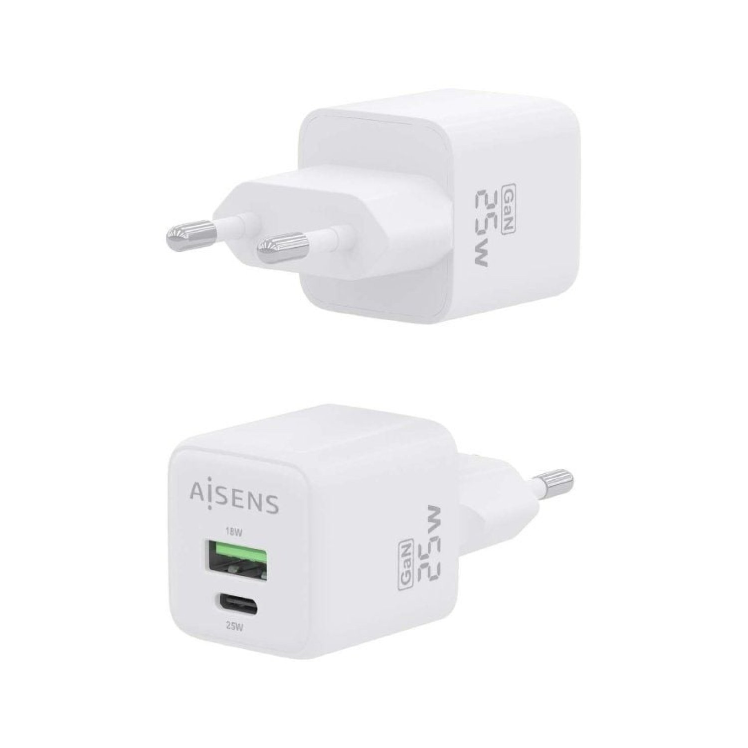 Aisens Cargador GaN · 25W · USB-C + USB · Pared