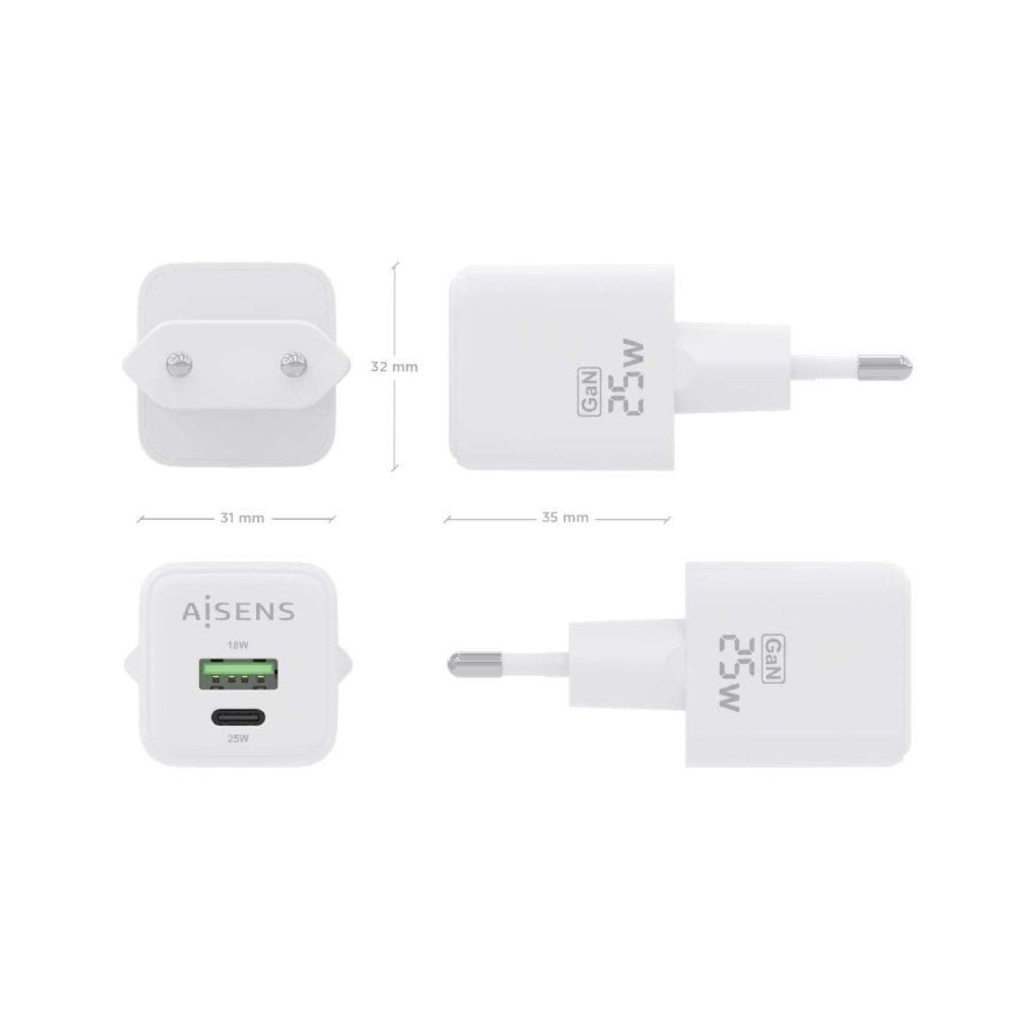 Aisens Cargador GaN · 25W · USB-C + USB · Pared