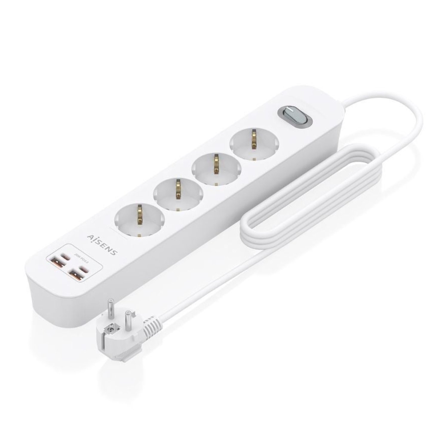 Aisens Regleta con Interruptor · 4 Tomas · 2 USB · 2 USB-C · Cable 1,4m · Blanca