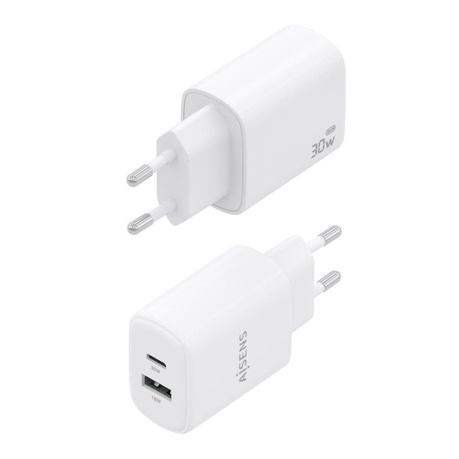 Aisens Cargador GaN · 30W · USB-C + USB · Blanco