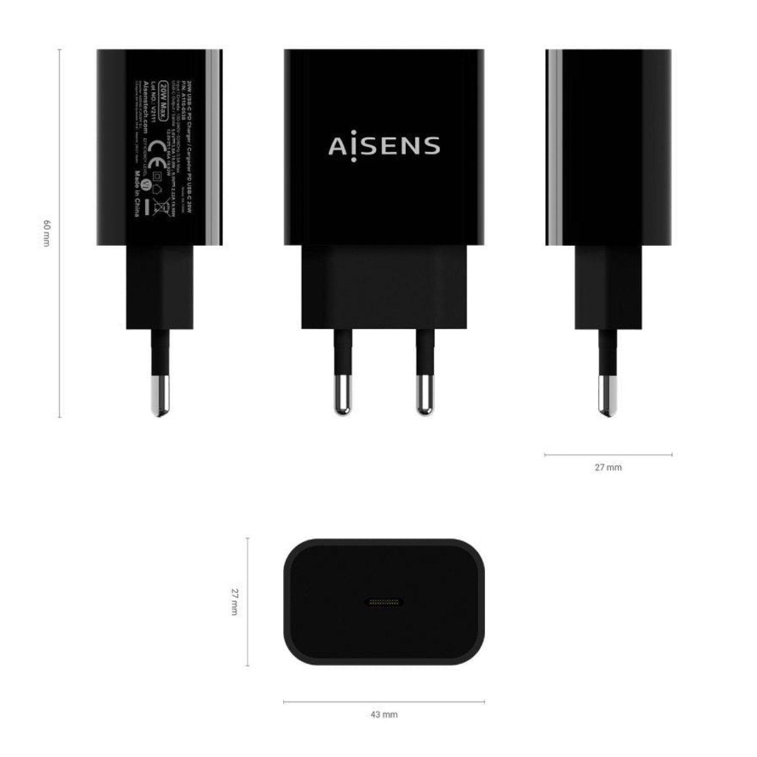 Aisens Cargador Pared · USB Tipo-C · PD 3.0 · 20W · Negro